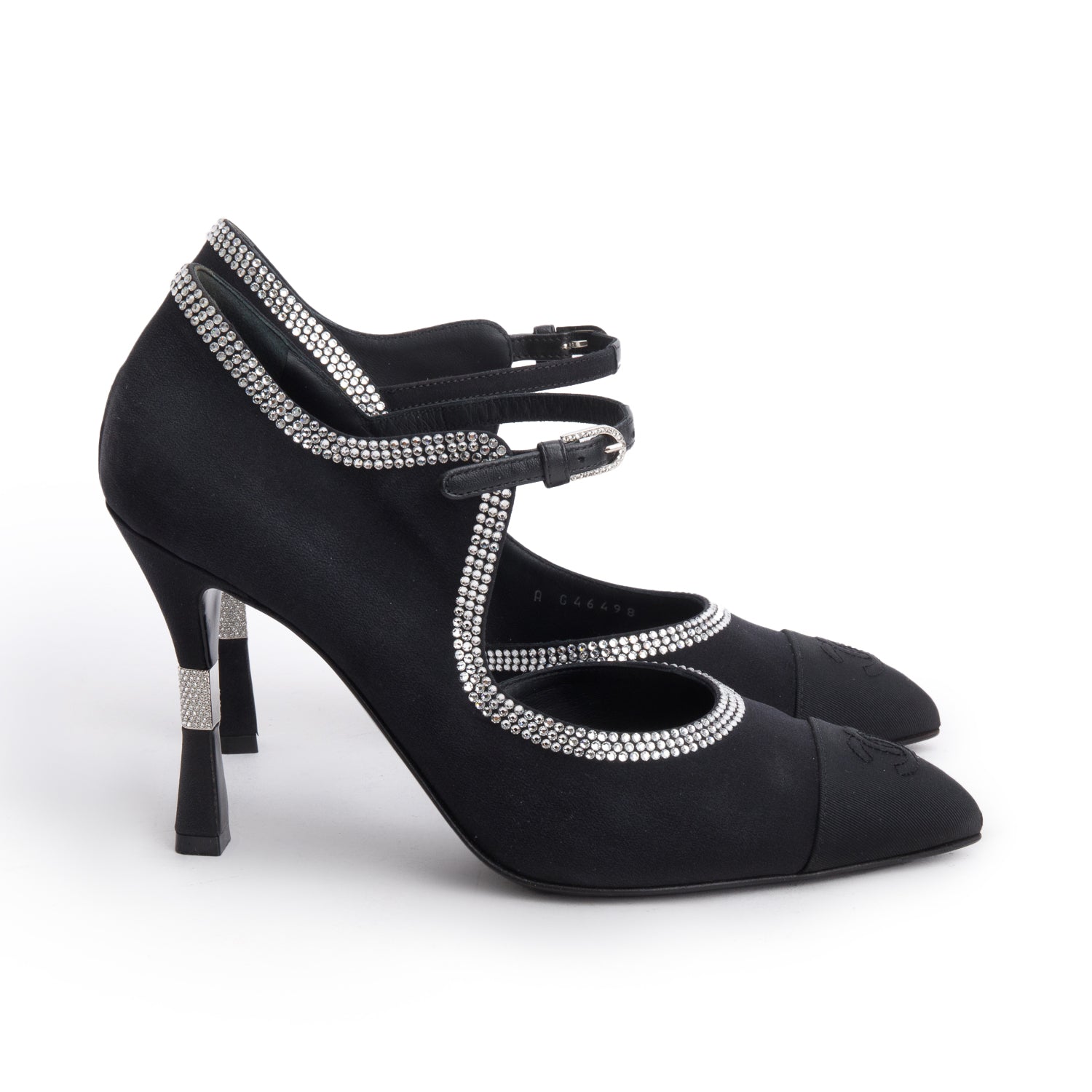Chanel 2025 Black Satin & Grosgrain Cap Toe CC Strass Mary Jane Pumps, Size 39 w/ Box & Receipt