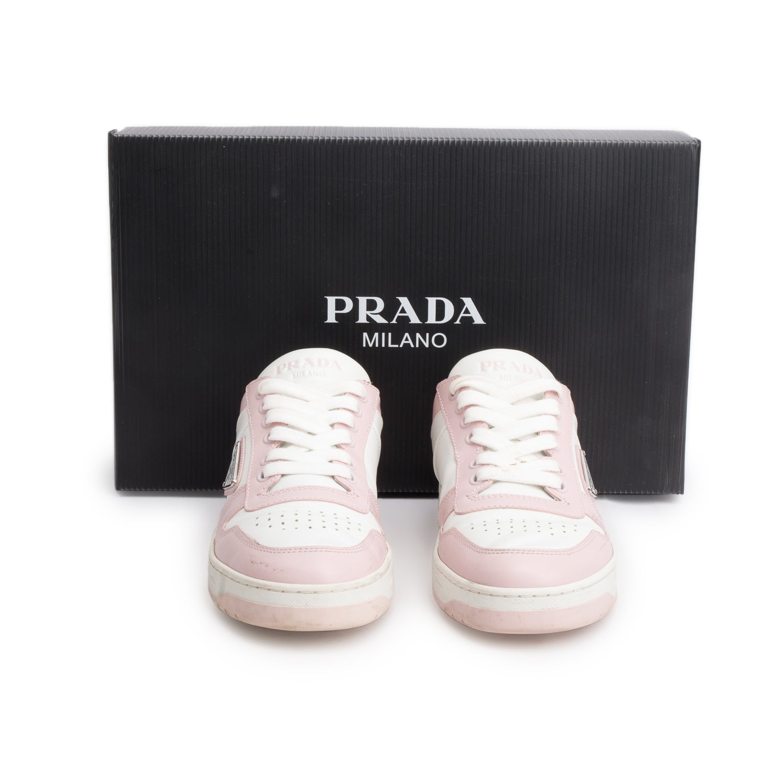 Prada Pink White Vitello Sport Spazzolato Rois Triangle Logo Downtown Low Top Sneakers, Size 38.5 w/ Box