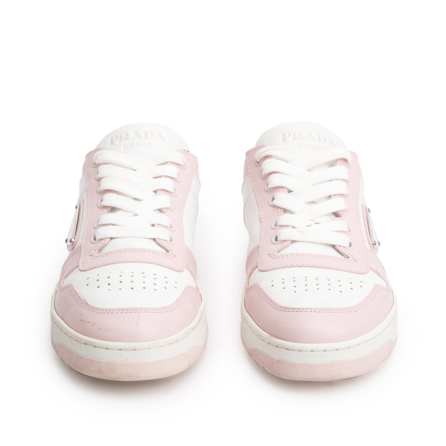 Prada Pink White Vitello Sport Spazzolato Rois Triangle Logo Downtown Low Top Sneakers, Size 38.5 w/ Box