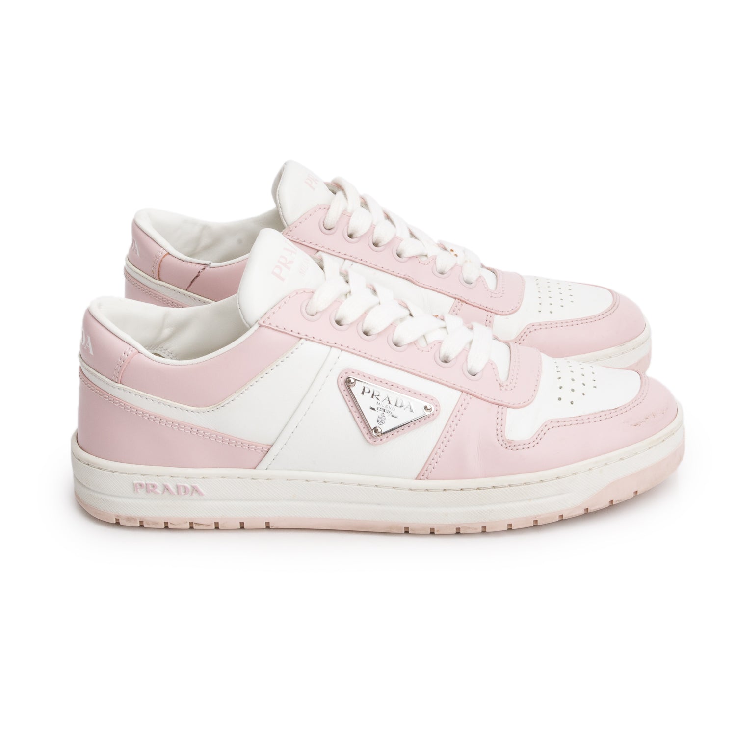 Prada Pink White Vitello Sport Spazzolato Rois Triangle Logo Downtown Low Top Sneakers, Size 38.5 w/ Box