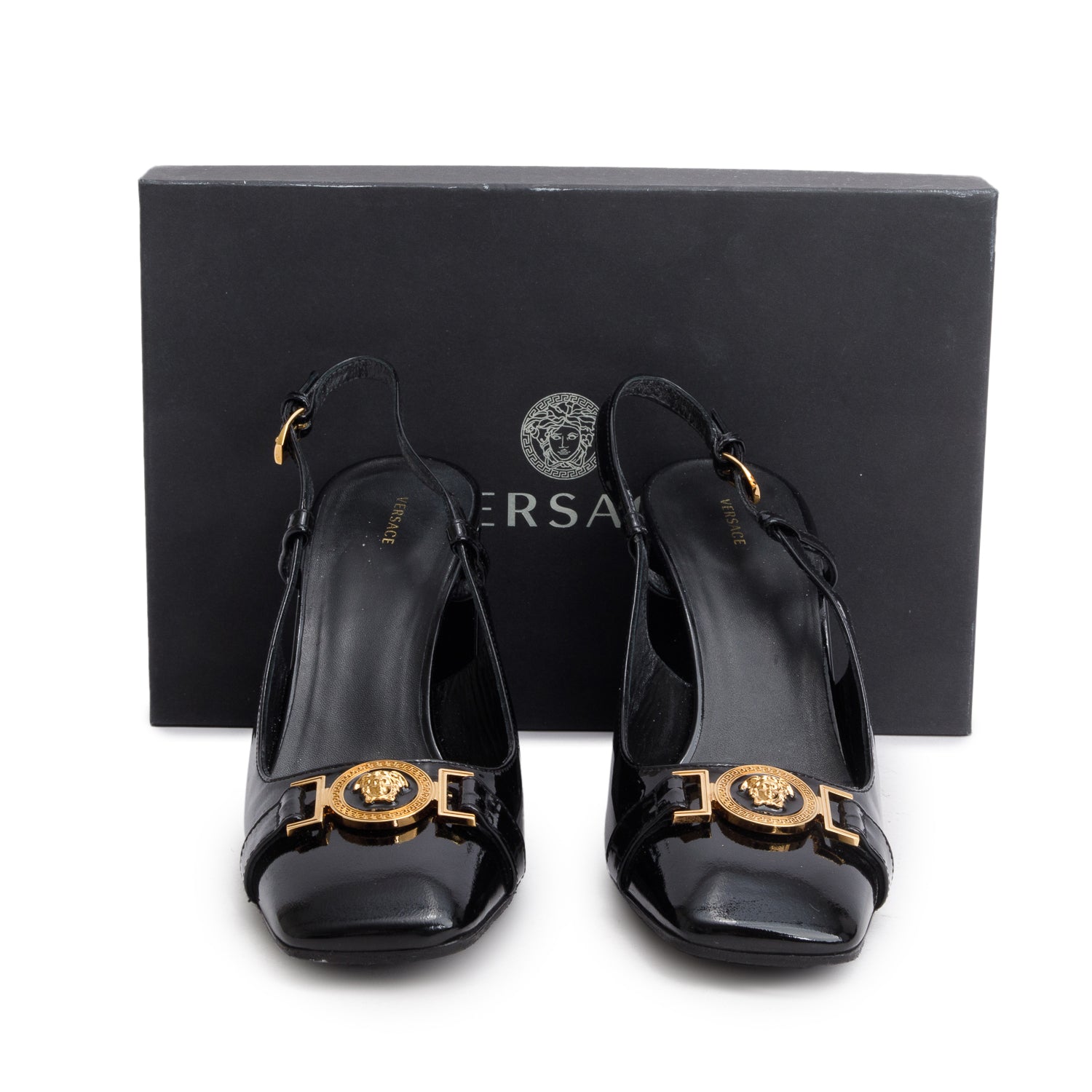 Versace Black Patent Leather Slingback Pumps, Size 41 w/ Box