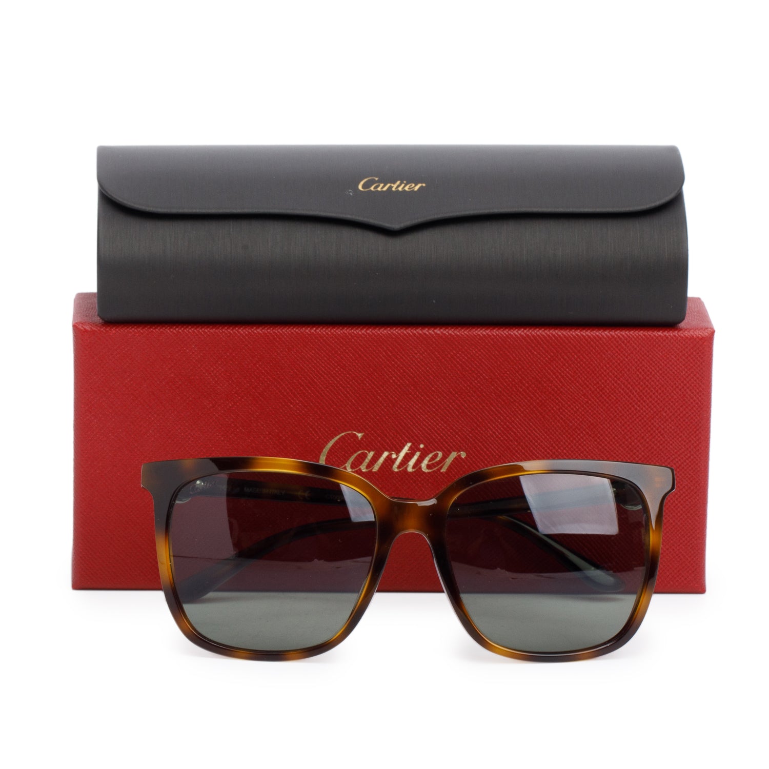 Cartier CT0004SA Brown Havana Acetate Square Sunglasses w/ Box & Case