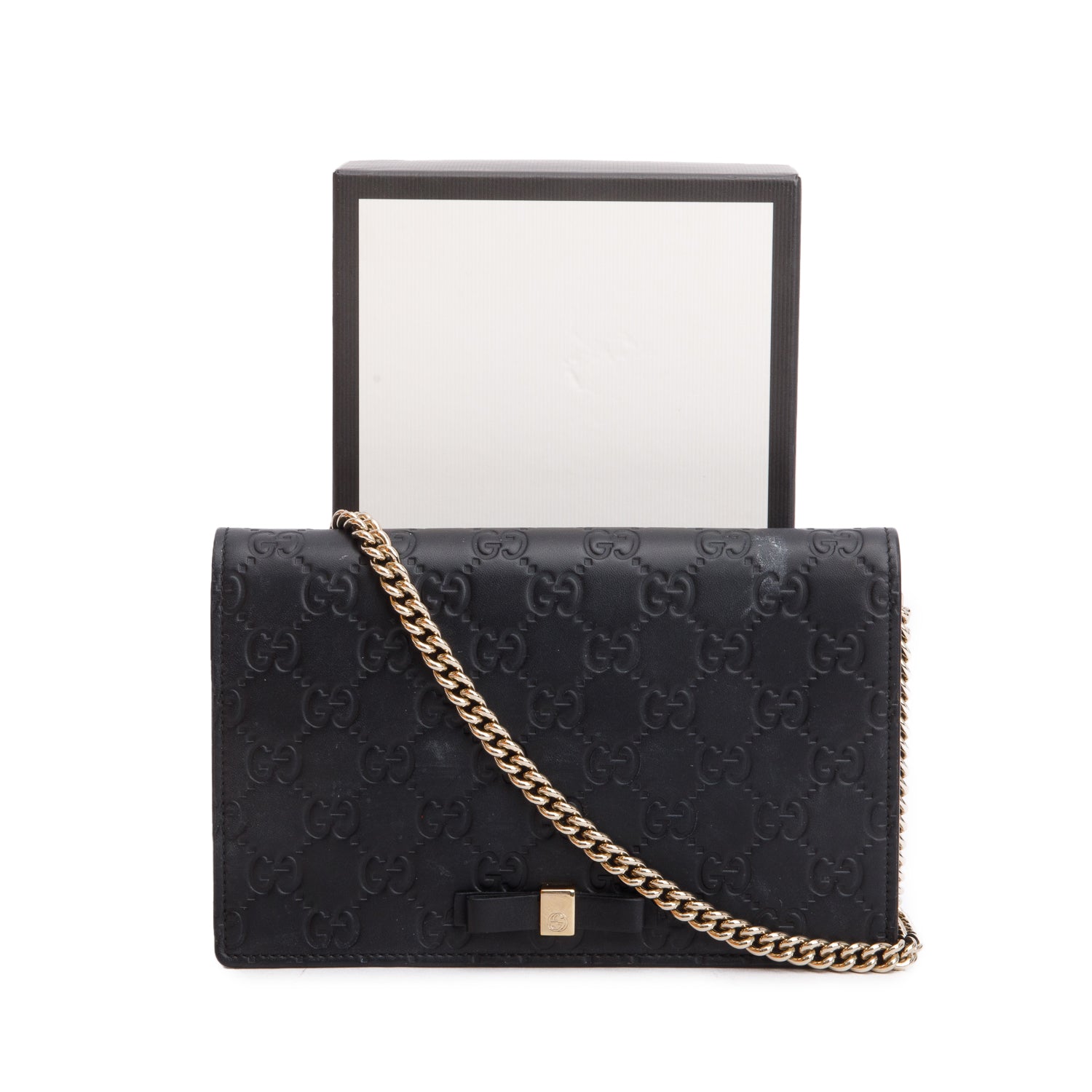 Gucci Black Guccissima Signature Bow Wallet on Chain w/ Box & Receipt