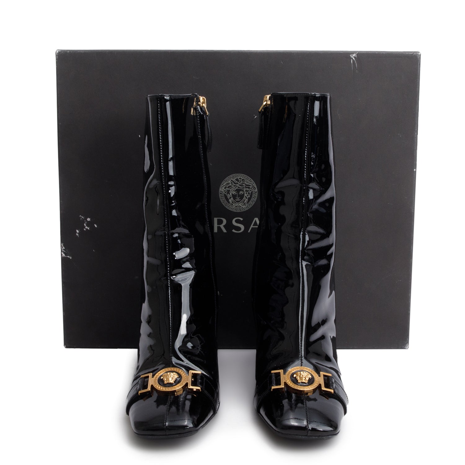 Versace Black Patent Leather Medusa 85 Ankle Boots, Size 41 w/ Box