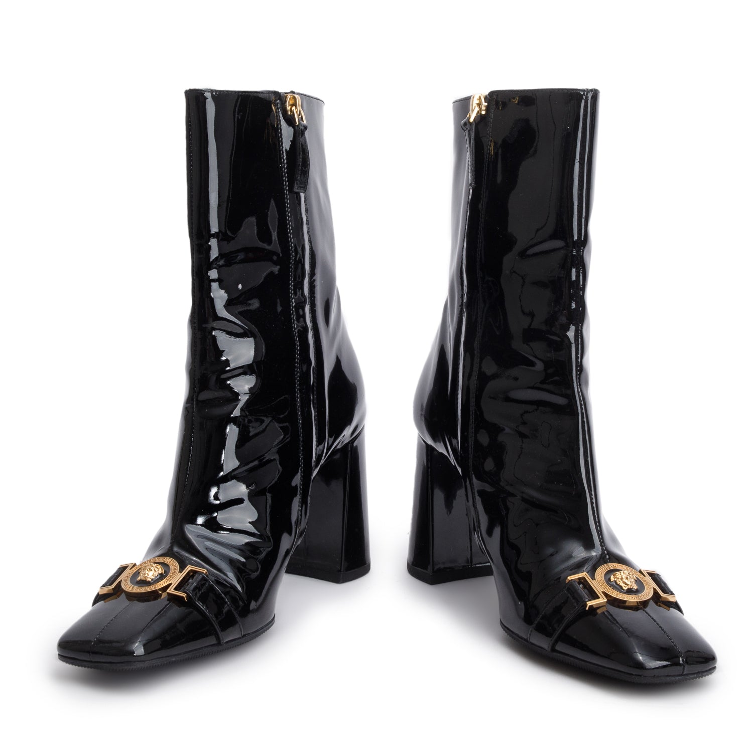 Versace Black Patent Leather Medusa 85 Ankle Boots, Size 41 w/ Box