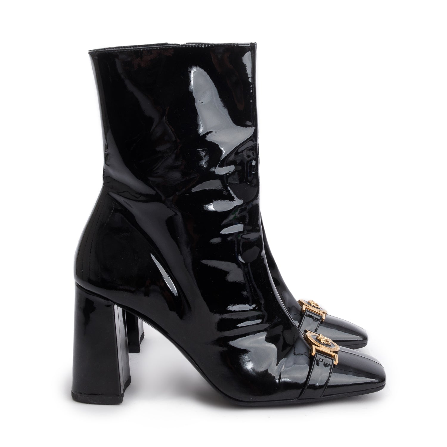 Versace Black Patent Leather Medusa 85 Ankle Boots, Size 41 w/ Box