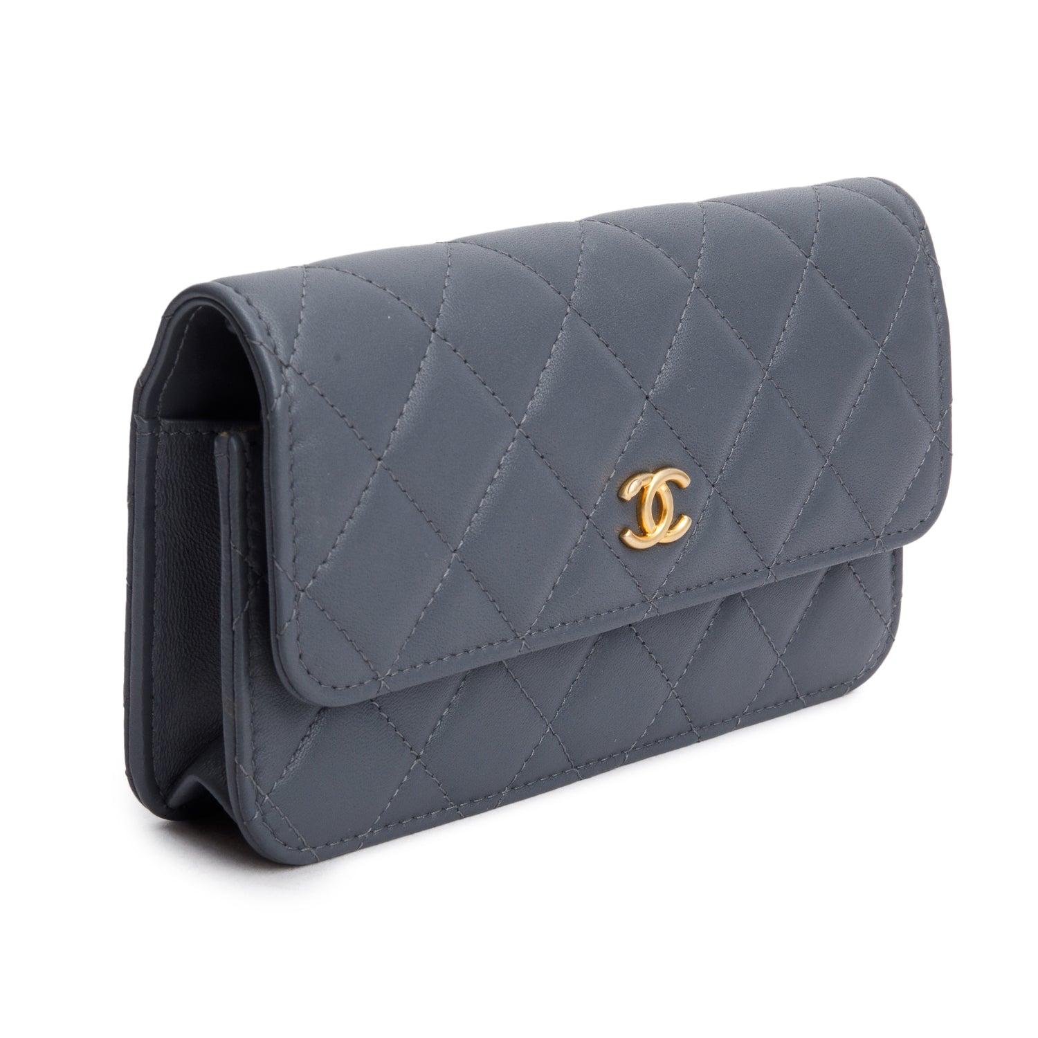 Chanel Grey Quilted Lambskin Leather CC Pearl Crush Flap Phone Holder on Chain