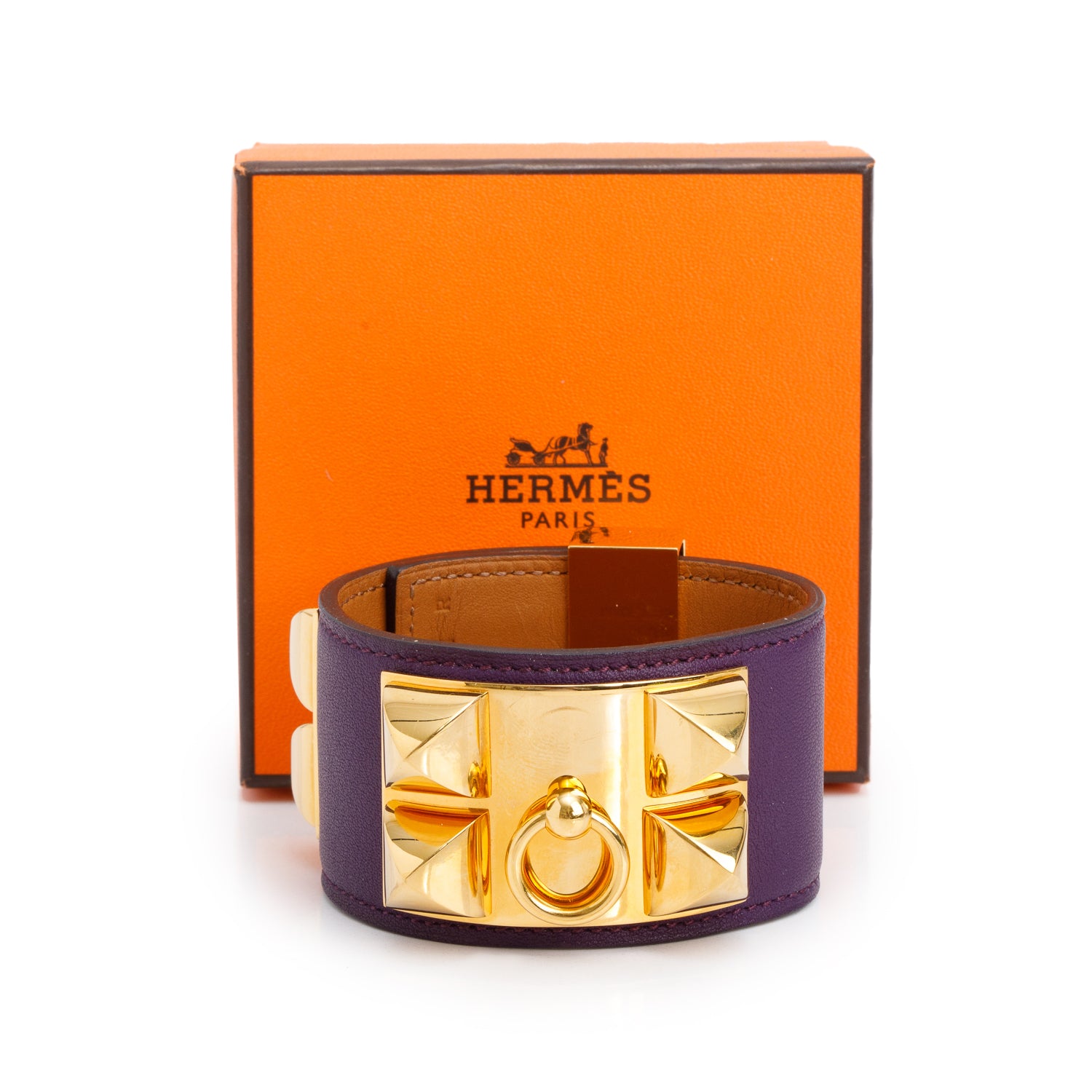Hermes Gold-Plated Purple Box Calfskin Leather Collier de Chien Bracelet, Size S w/ Box