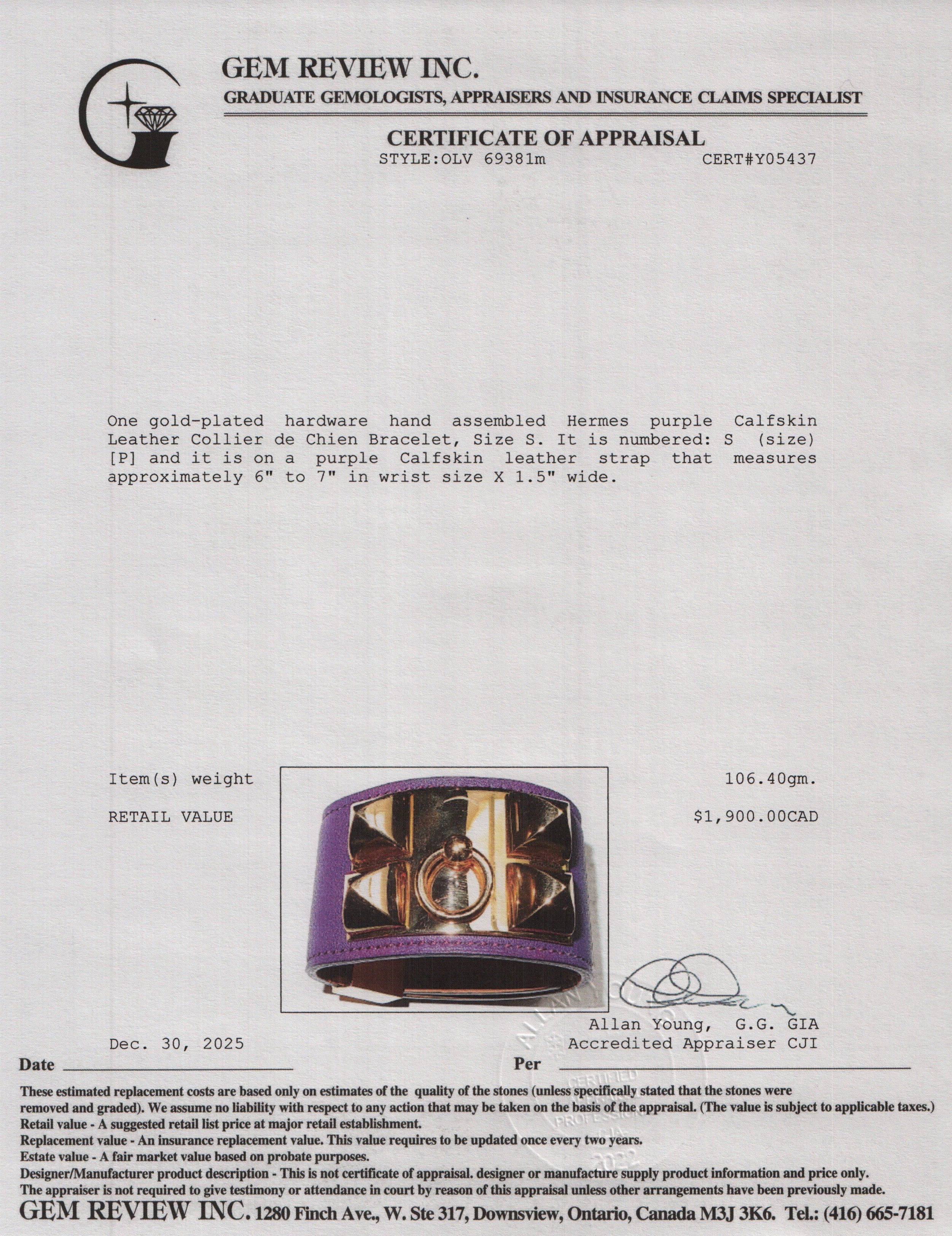 Hermes Gold-Plated Purple Box Calfskin Leather Collier de Chien Bracelet, Size S w/ Box