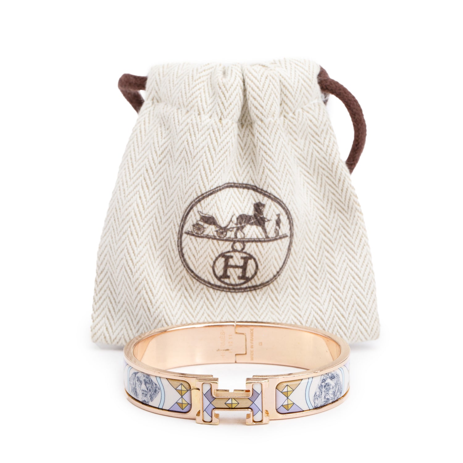Hermes Yellow Gold Plated Colliers et Chiens Printed Enamel 12 MM Clic H Bracelet
