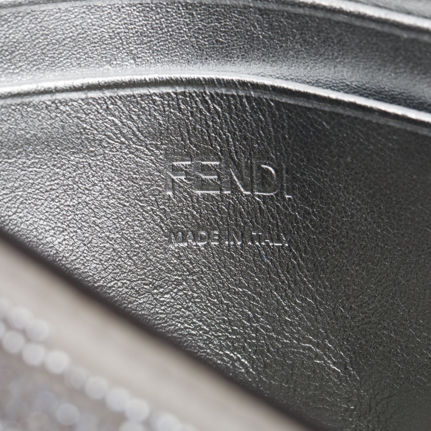 Fendi 2024 Silver FF Suede Crystal Mini Be Baguette Chain Crossbody w/ Straps & Box