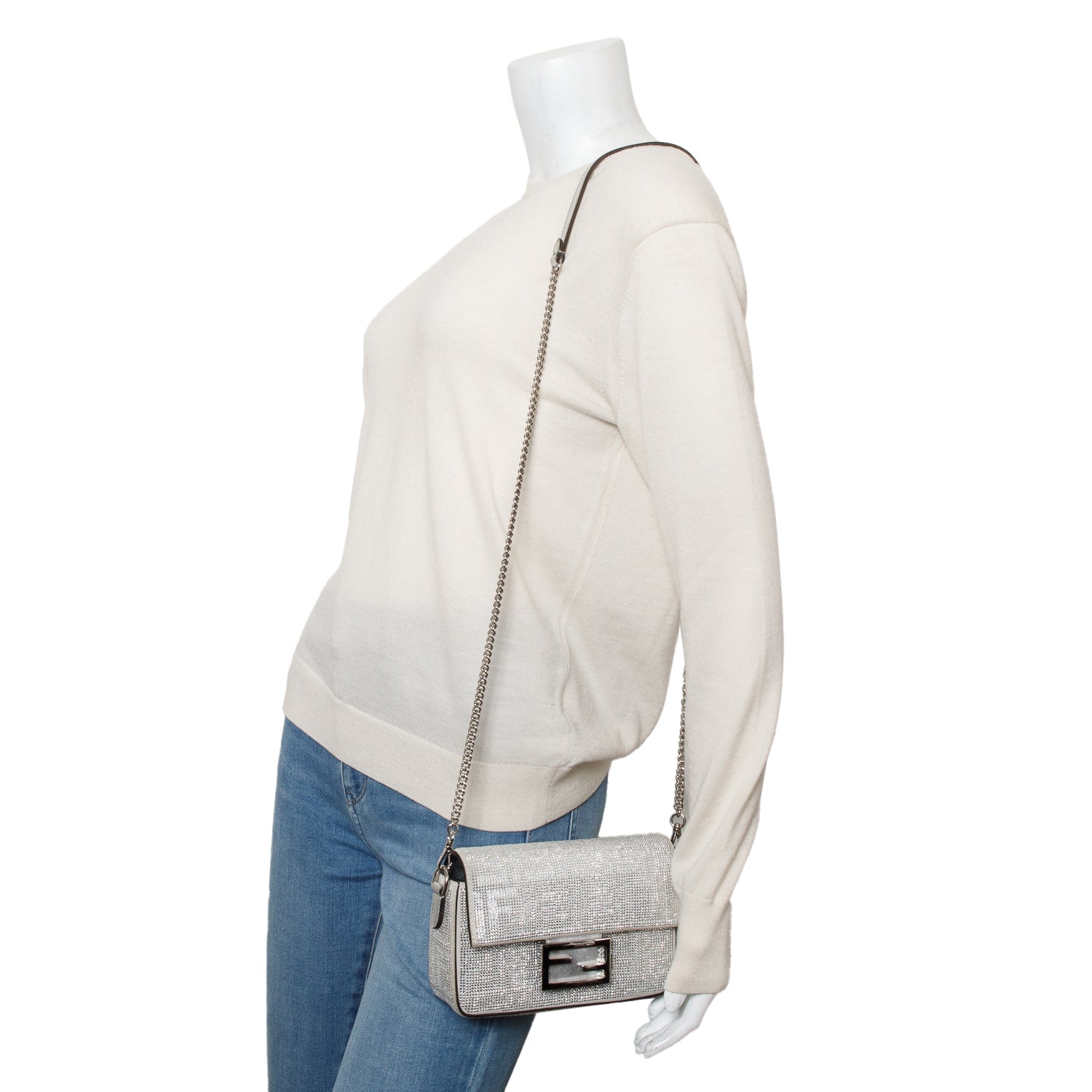 Fendi 2024 Silver FF Suede Crystal Mini Be Baguette Chain Crossbody w/ Straps & Box