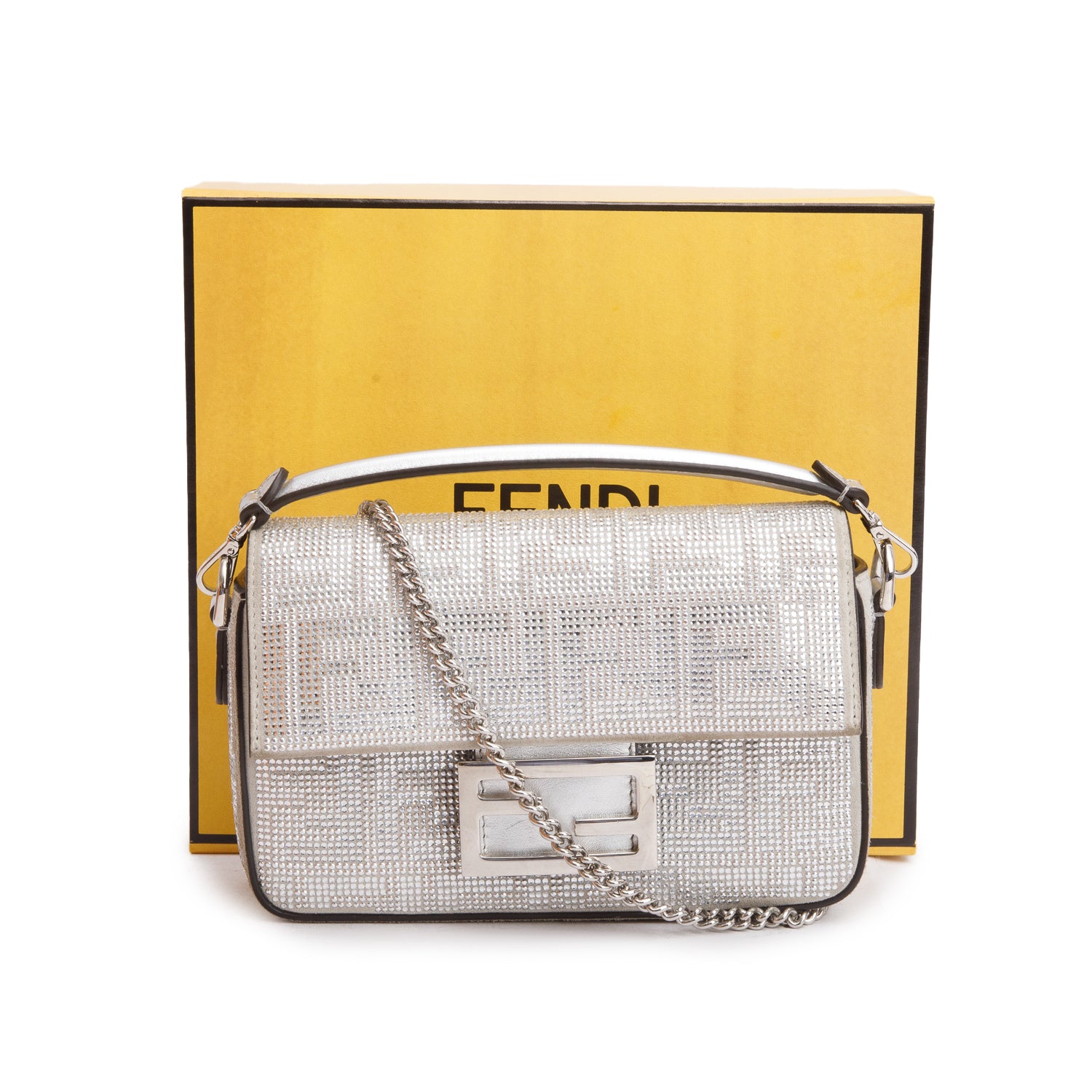 Fendi 2024 Silver FF Suede Crystal Mini Be Baguette Chain Crossbody w/ Straps & Box