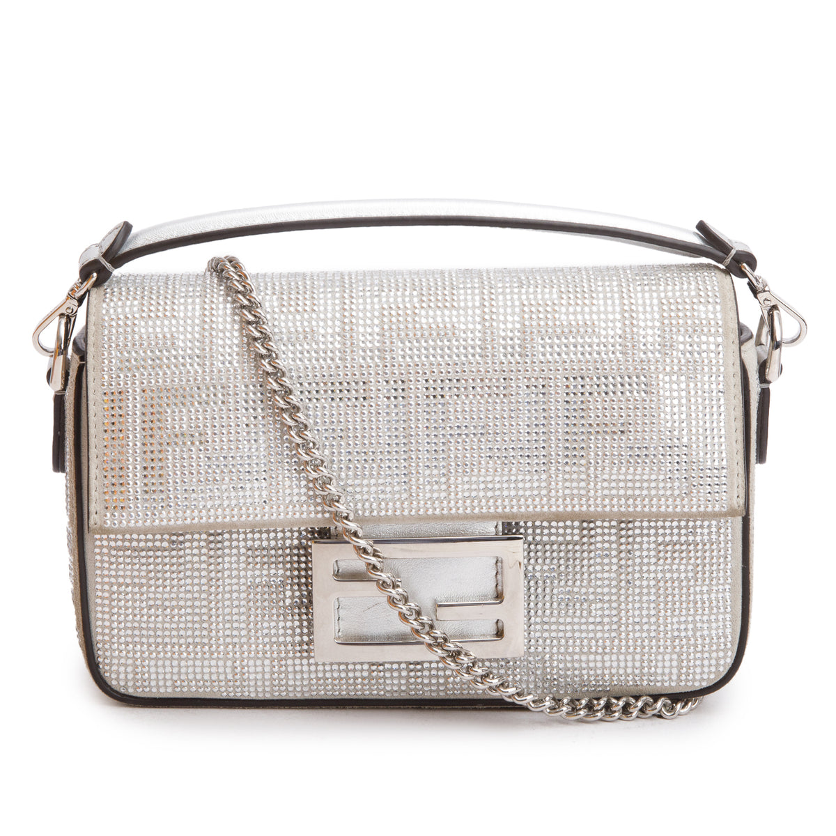 Fendi 2024 Silver FF Suede Crystal Mini Be Baguette Chain