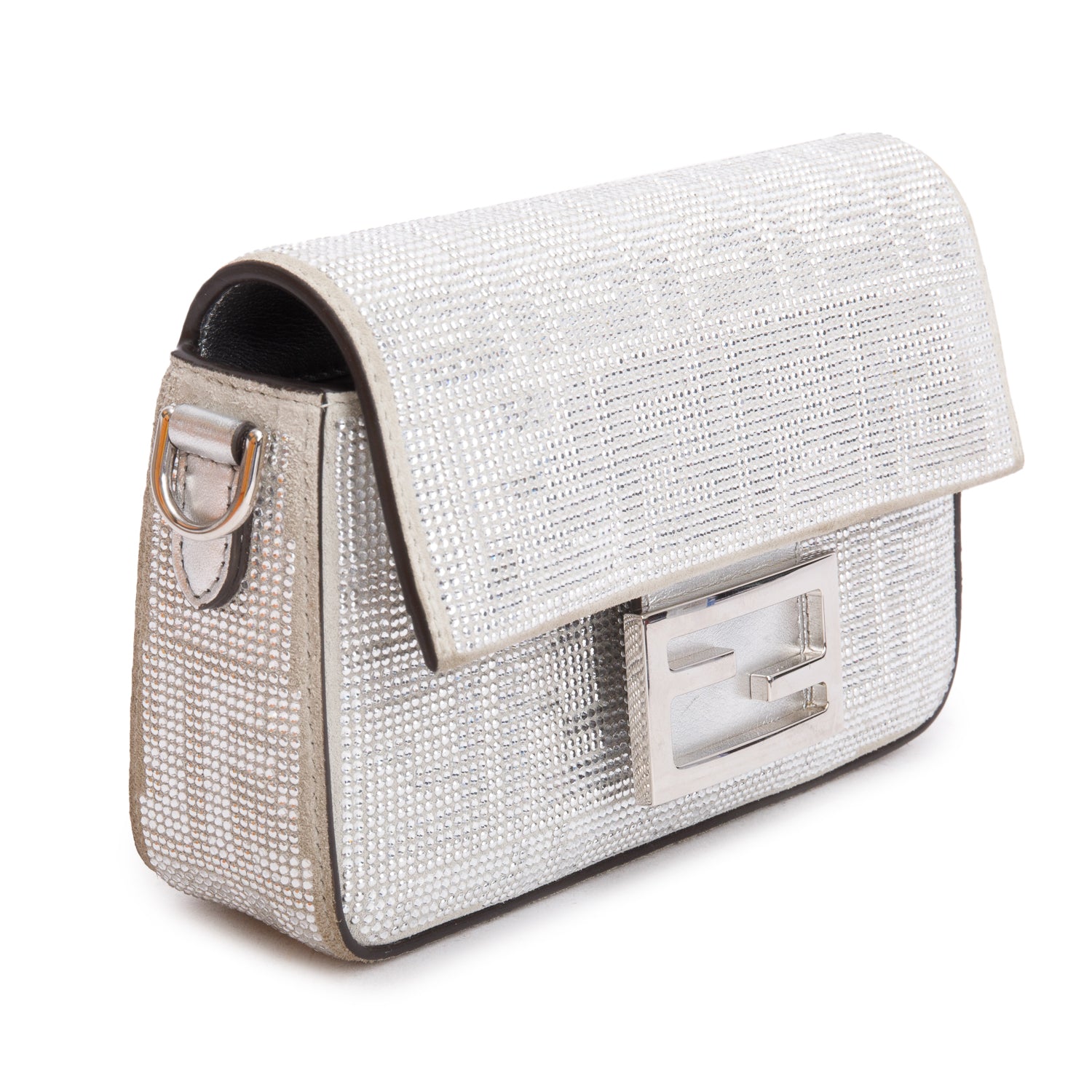 Fendi 2024 Silver FF Suede Crystal Mini Be Baguette Chain Crossbody w/ Straps & Box
