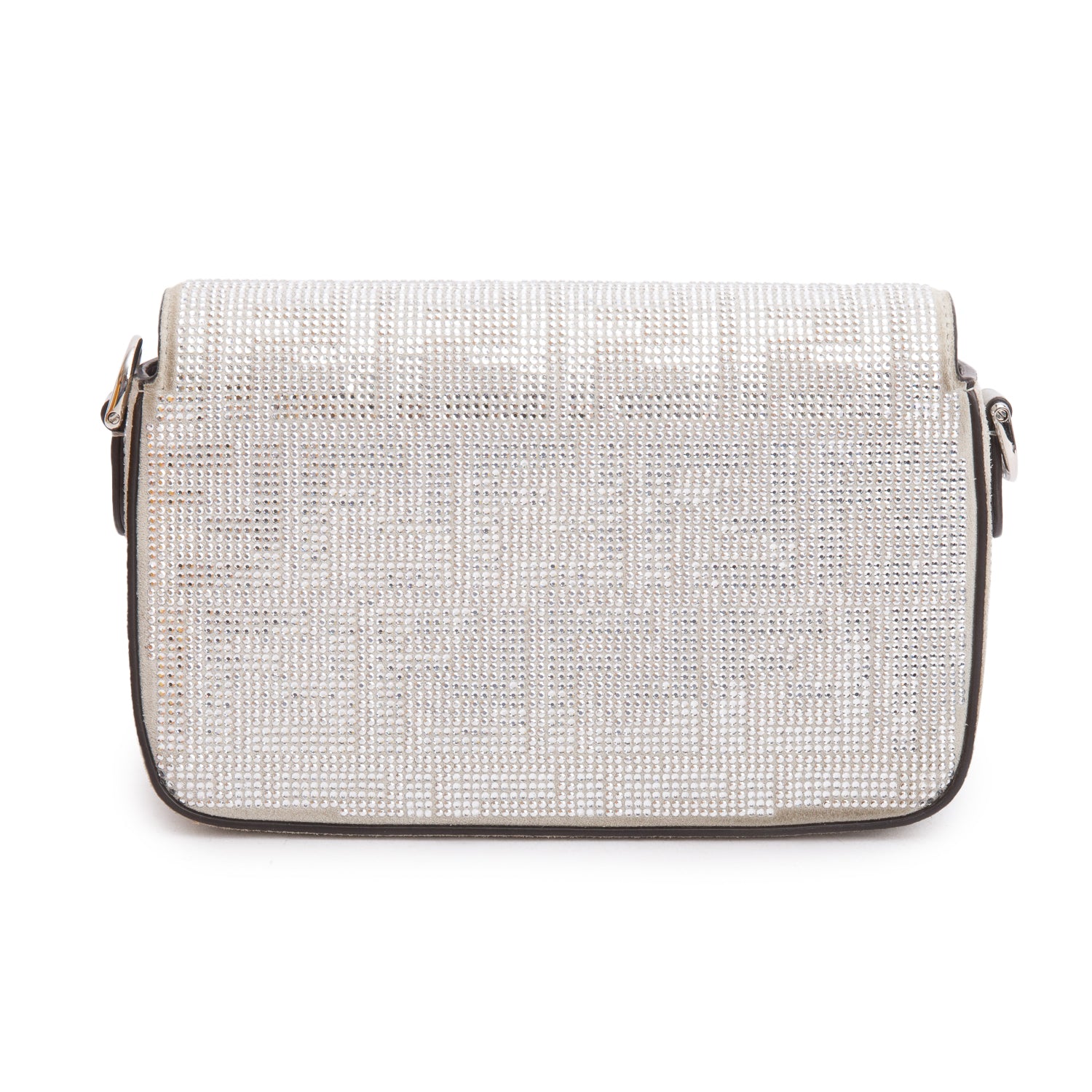 Fendi 2024 Silver FF Suede Crystal Mini Be Baguette Chain Crossbody w/ Straps & Box
