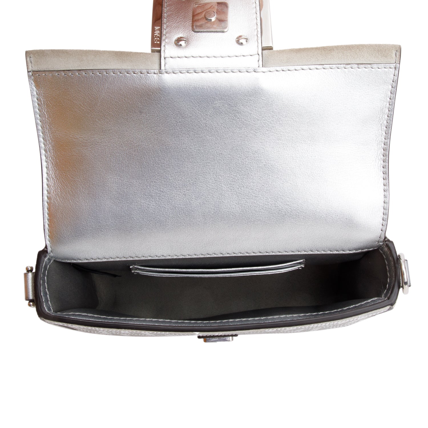 Fendi 2024 Silver FF Suede Crystal Mini Be Baguette Chain Crossbody w/ Straps & Box