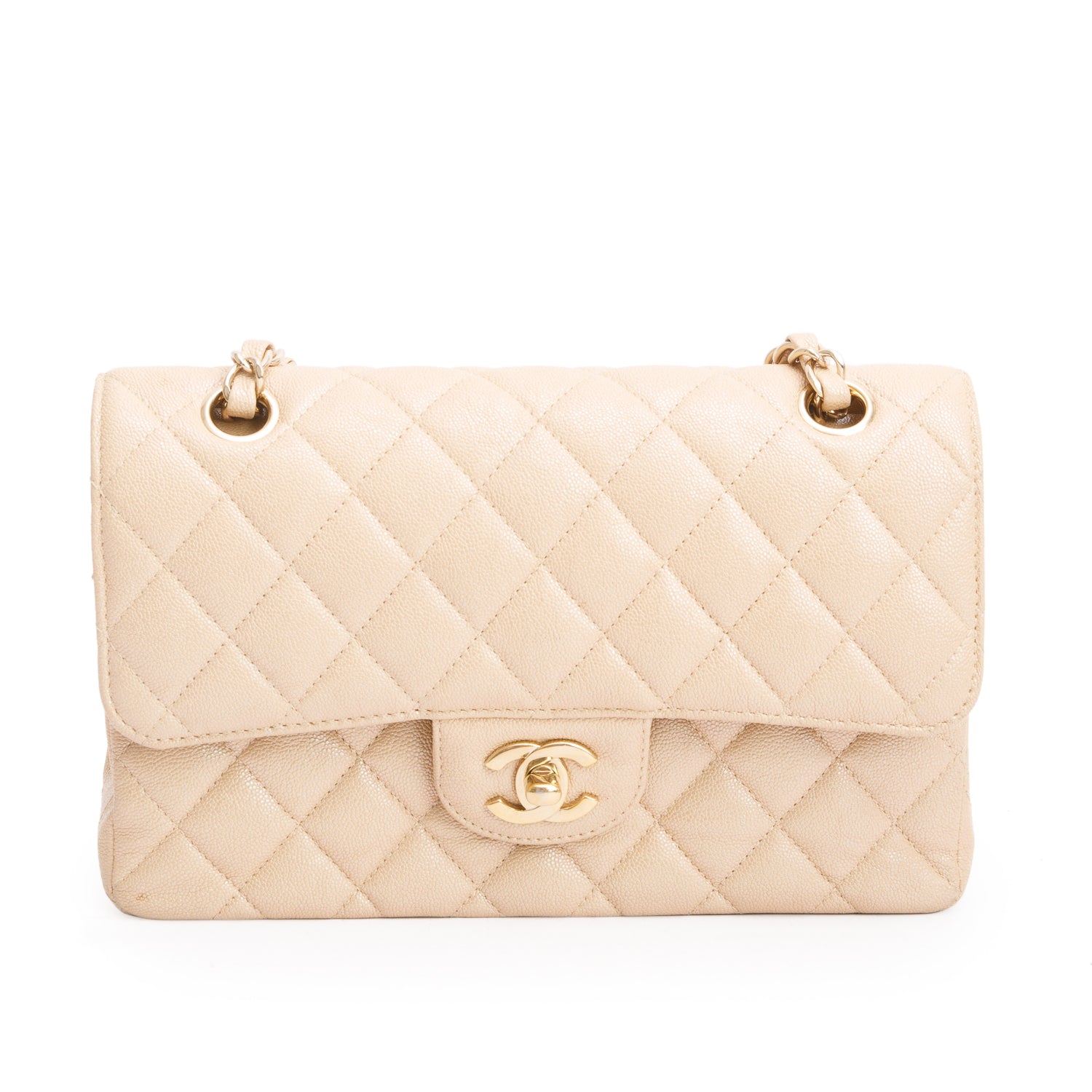 Chanel Iridescent Beige Caviar Quilted Small Double Flap Bag