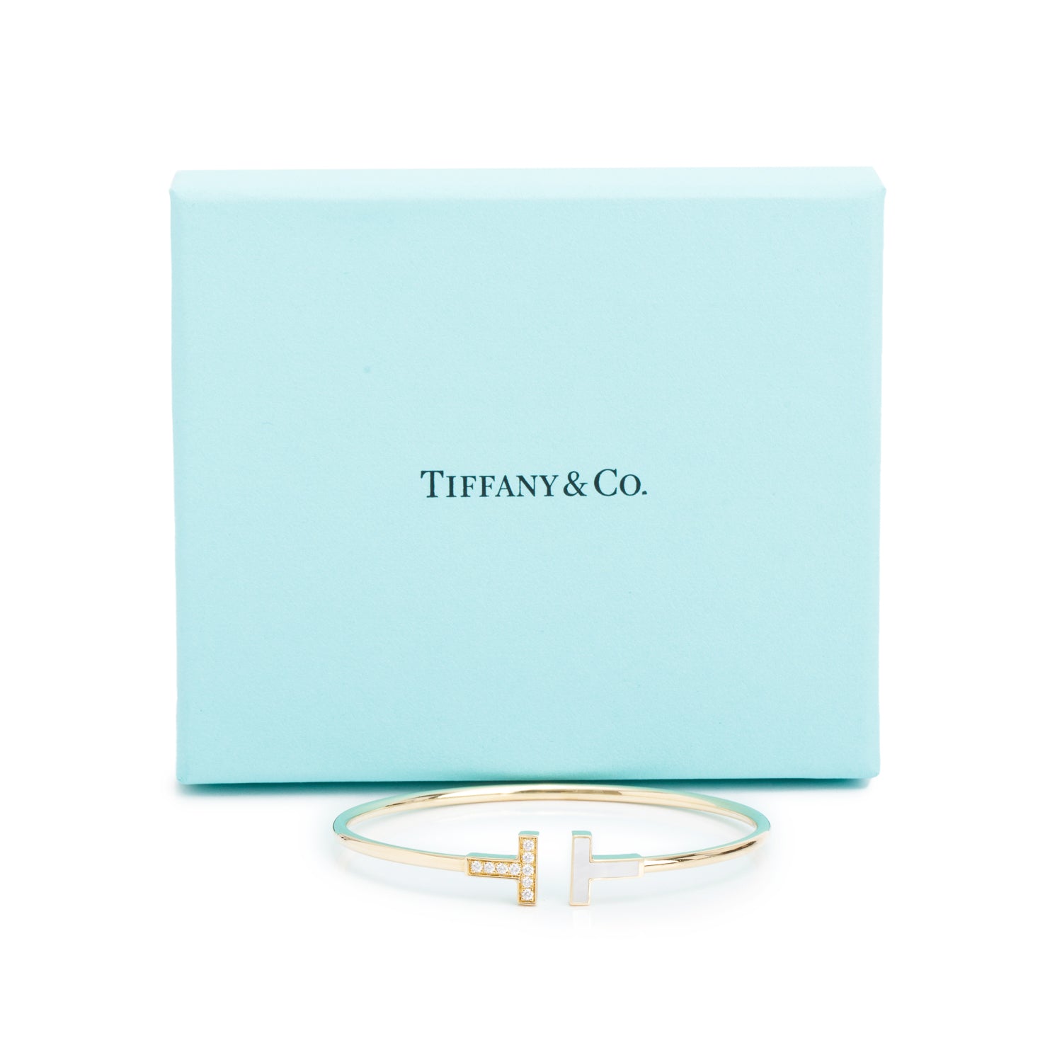 Tiffany & Co. 18k Yellow Gold Diamond & Mother of Pearl T Wire Bracelet w/ Box