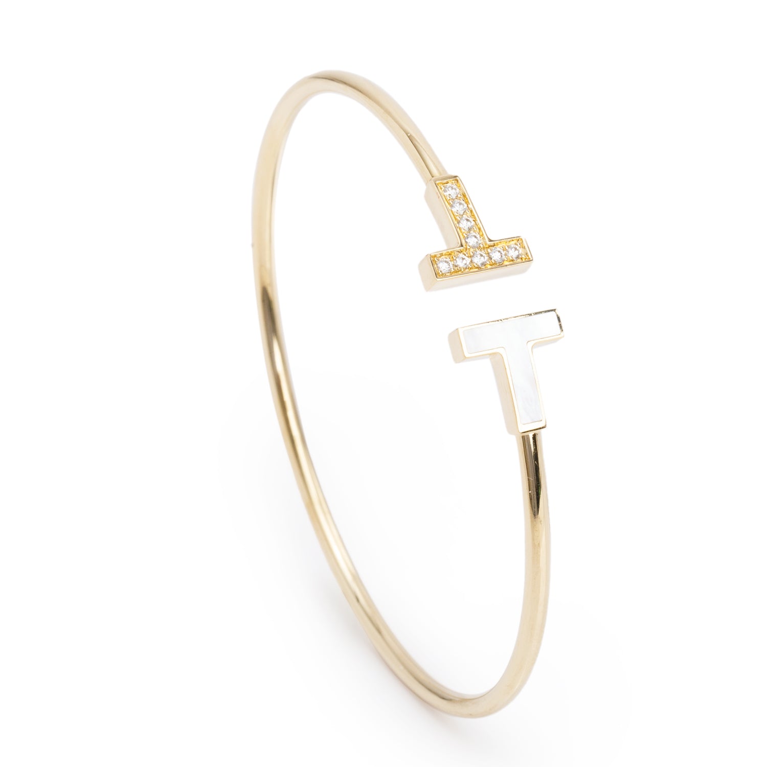 Tiffany & Co. 18k Yellow Gold Diamond & Mother of Pearl T Wire Bracelet w/ Box