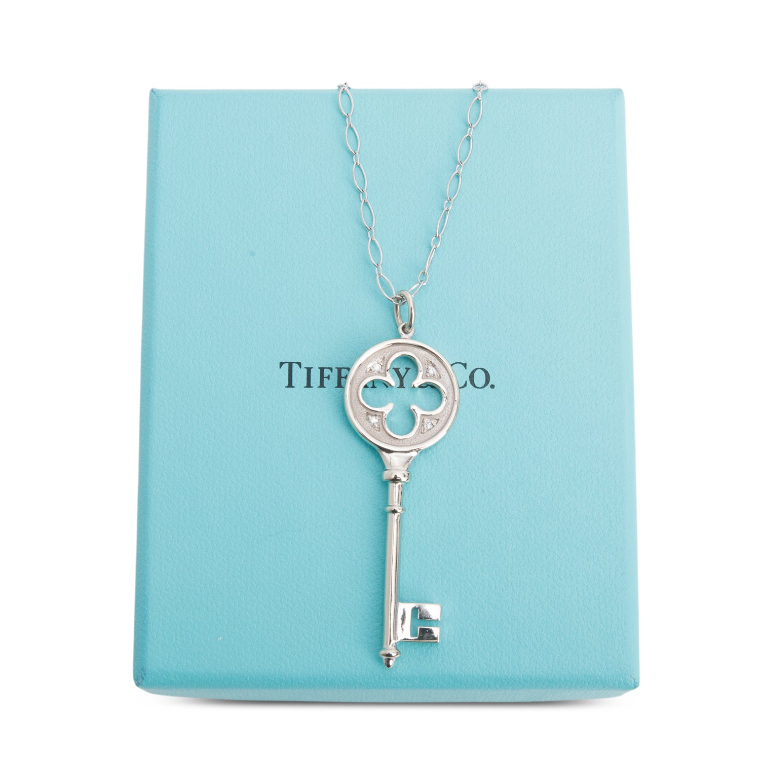 Tiffany & Co. 18k White Gold Diamond Clover Key Pendant Necklace w/ Box