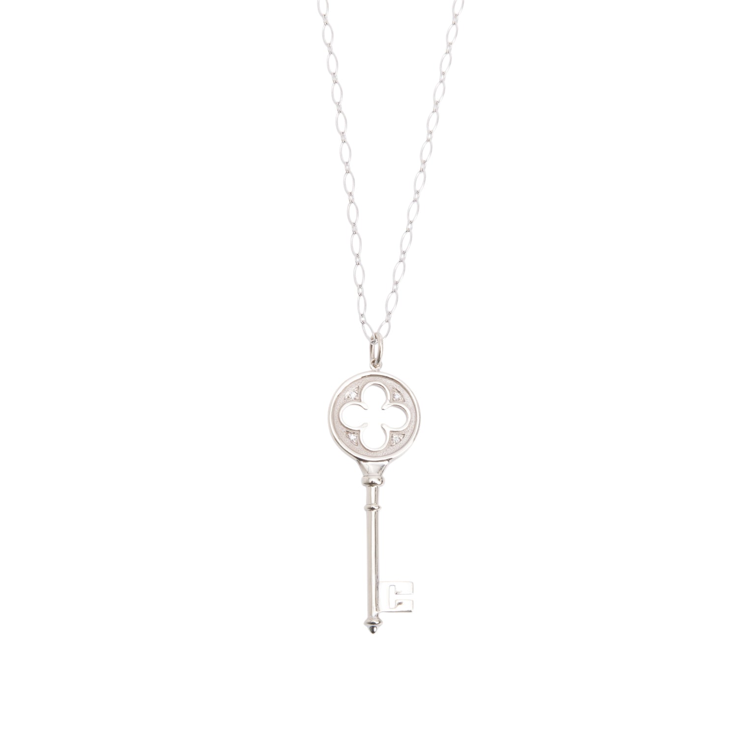Tiffany & Co. 18k White Gold Diamond Clover Key Pendant Necklace w/ Box