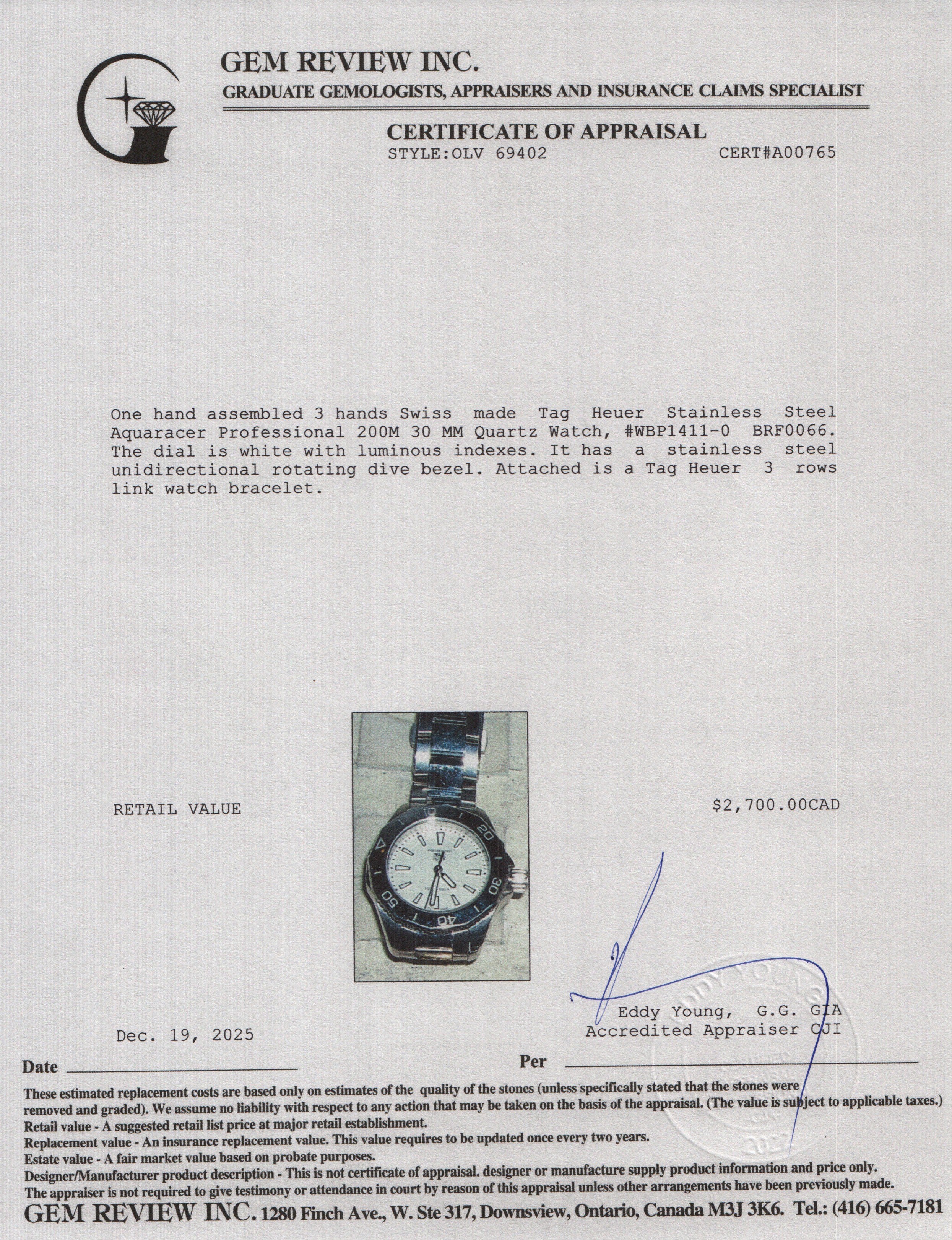 Tag Heuer Stainless Steel Aquaracer Professional 200M 30 MM Quartz Watch White Dial WBP1411-0 w/ Box & Papers