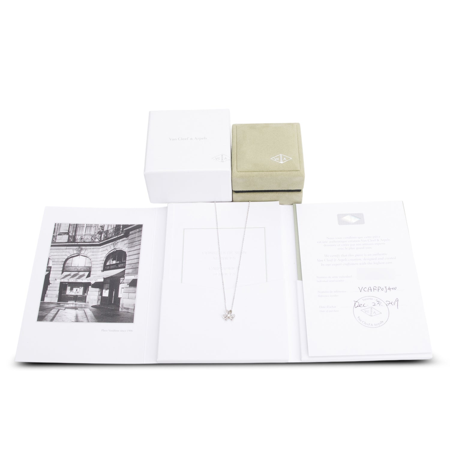 Van Cleef & Arpels 18k White Gold Diamond Frivole Pendant Necklace, Mini Model w/ Box, Receipt & Certificate