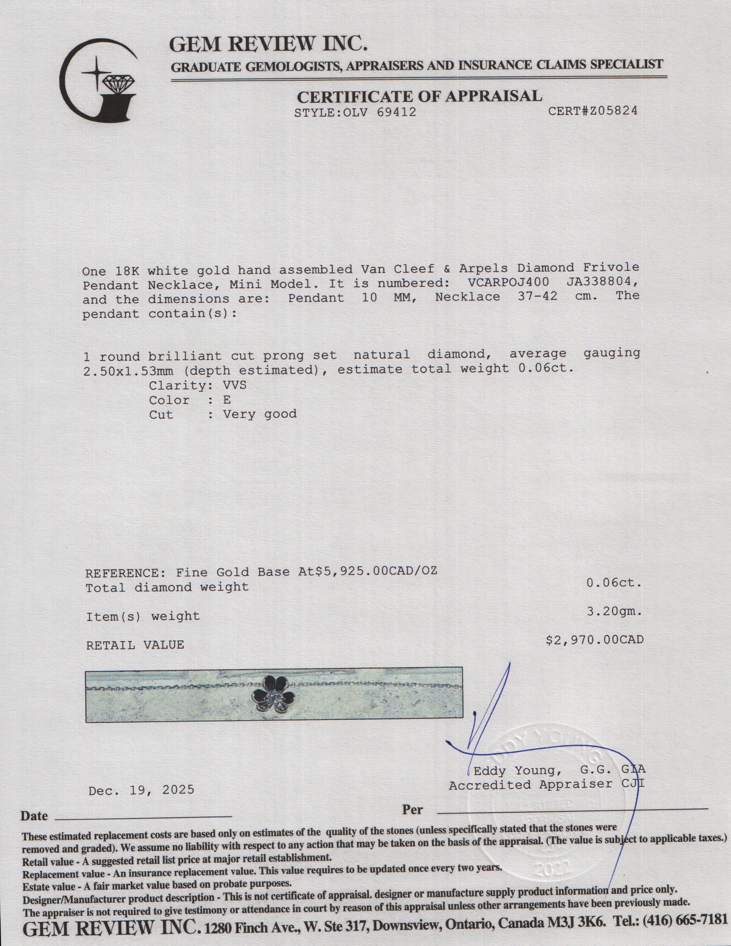 Van Cleef & Arpels 18k White Gold Diamond Frivole Pendant Necklace, Mini Model w/ Box, Receipt & Certificate