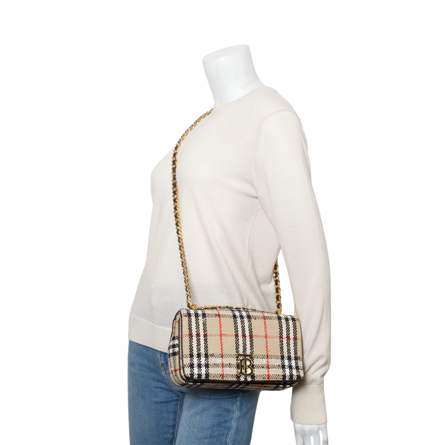 Burberry Beige Check Tweed Small Lola TB Shoulder Bag