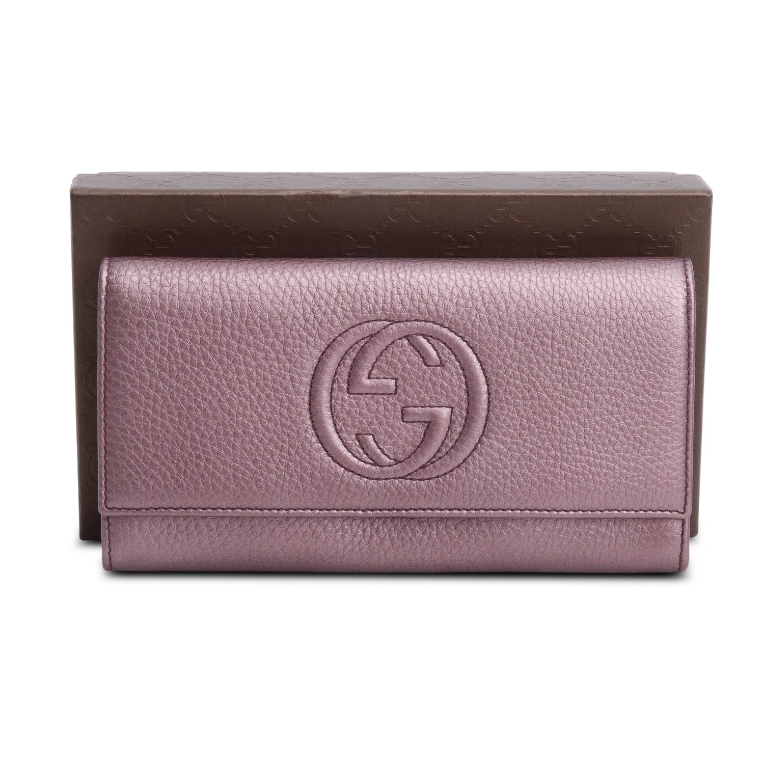 Gucci Metallic Purple Leather Soho Interlocking GG Logo Continental Flap Wallet w/ Box