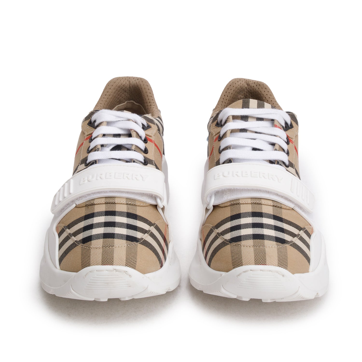 Burberry White House Check and Leather Low Top Sneakers, Size 41 w/ Box