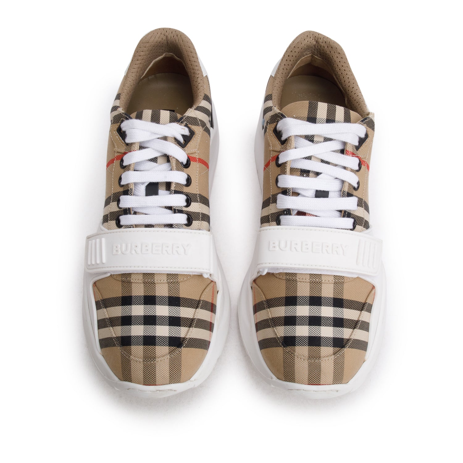 Burberry White House Check and Leather Low Top Sneakers, Size 41 w/ Box
