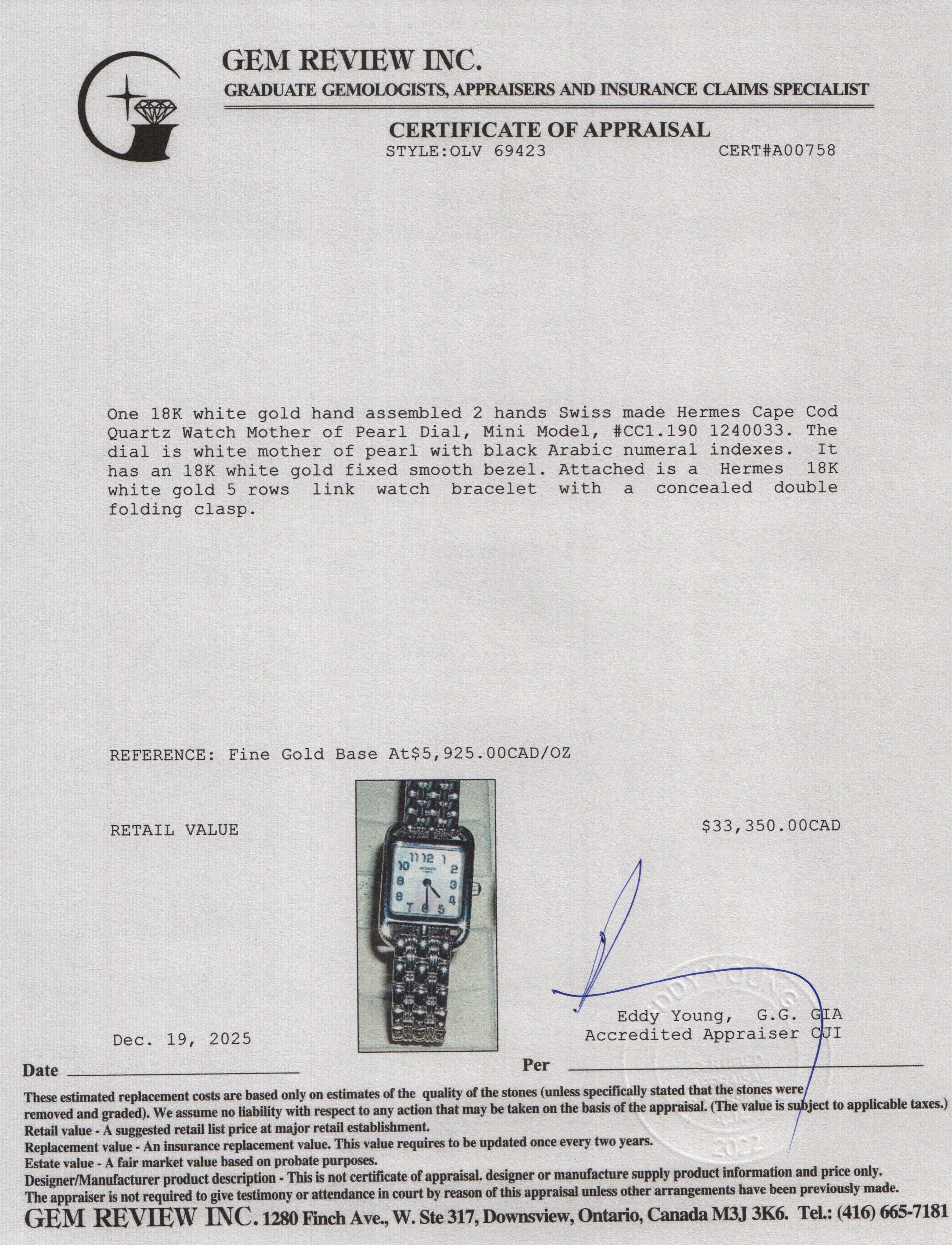 Hermes 18k White Gold Cape Cod Quartz Watch Mother of Pearl Dial, Mini Model