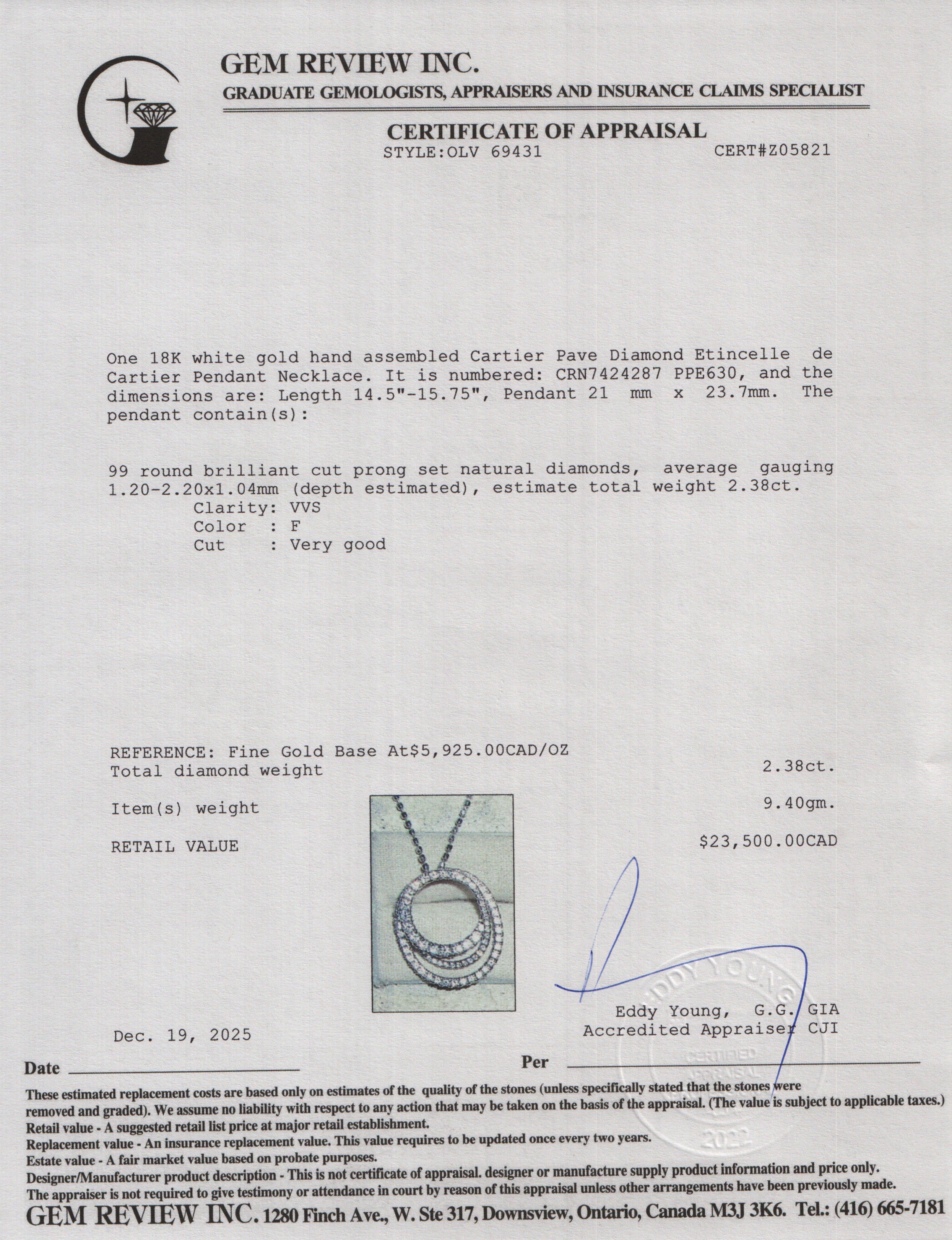 Cartier 2024 18k White Gold Pave Diamond Etincelle de Cartier Pendant Necklace w/ Box, Reciept & Certificate