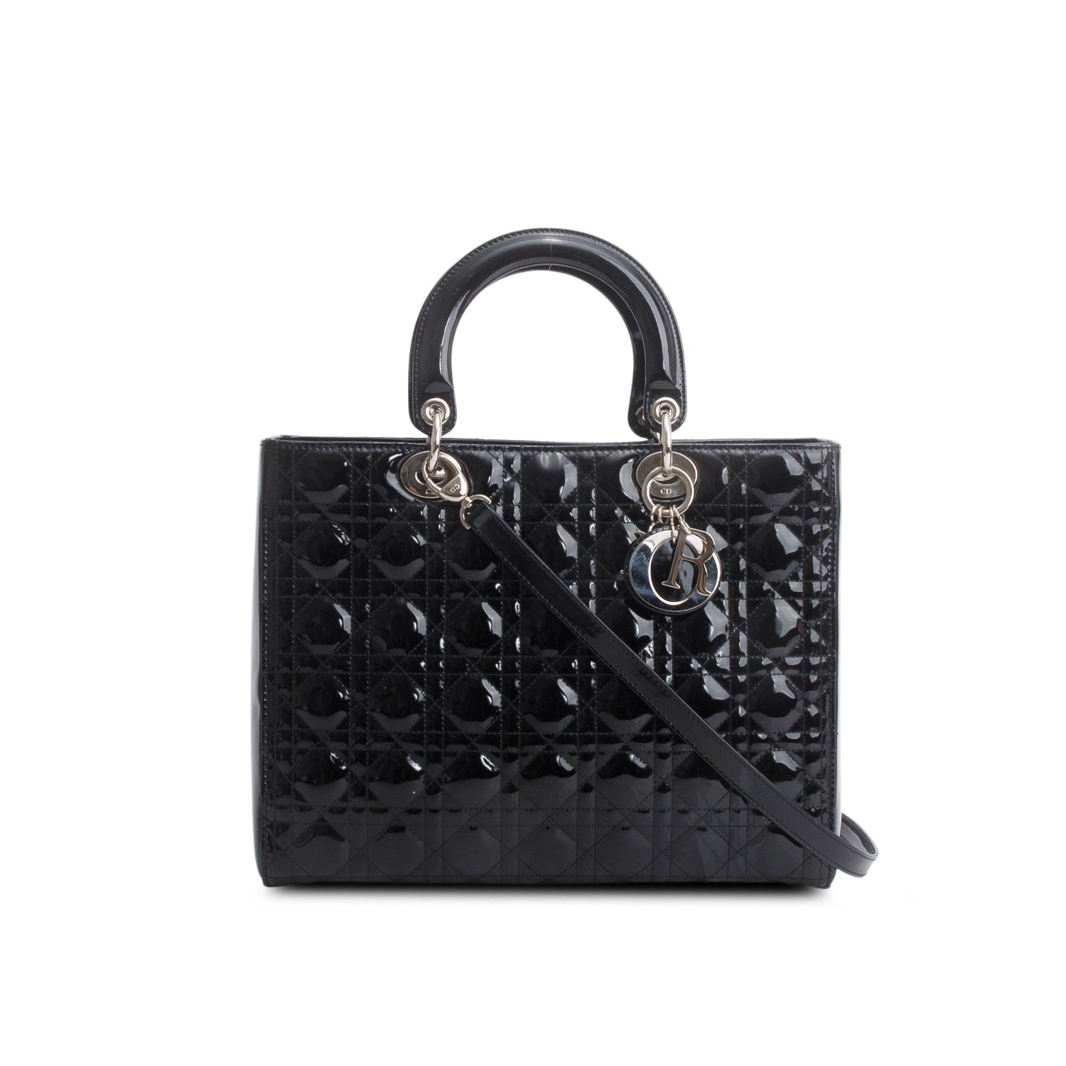 Christian Dior Black Cannage Patent Leather Large Lady Dior w/ Strap