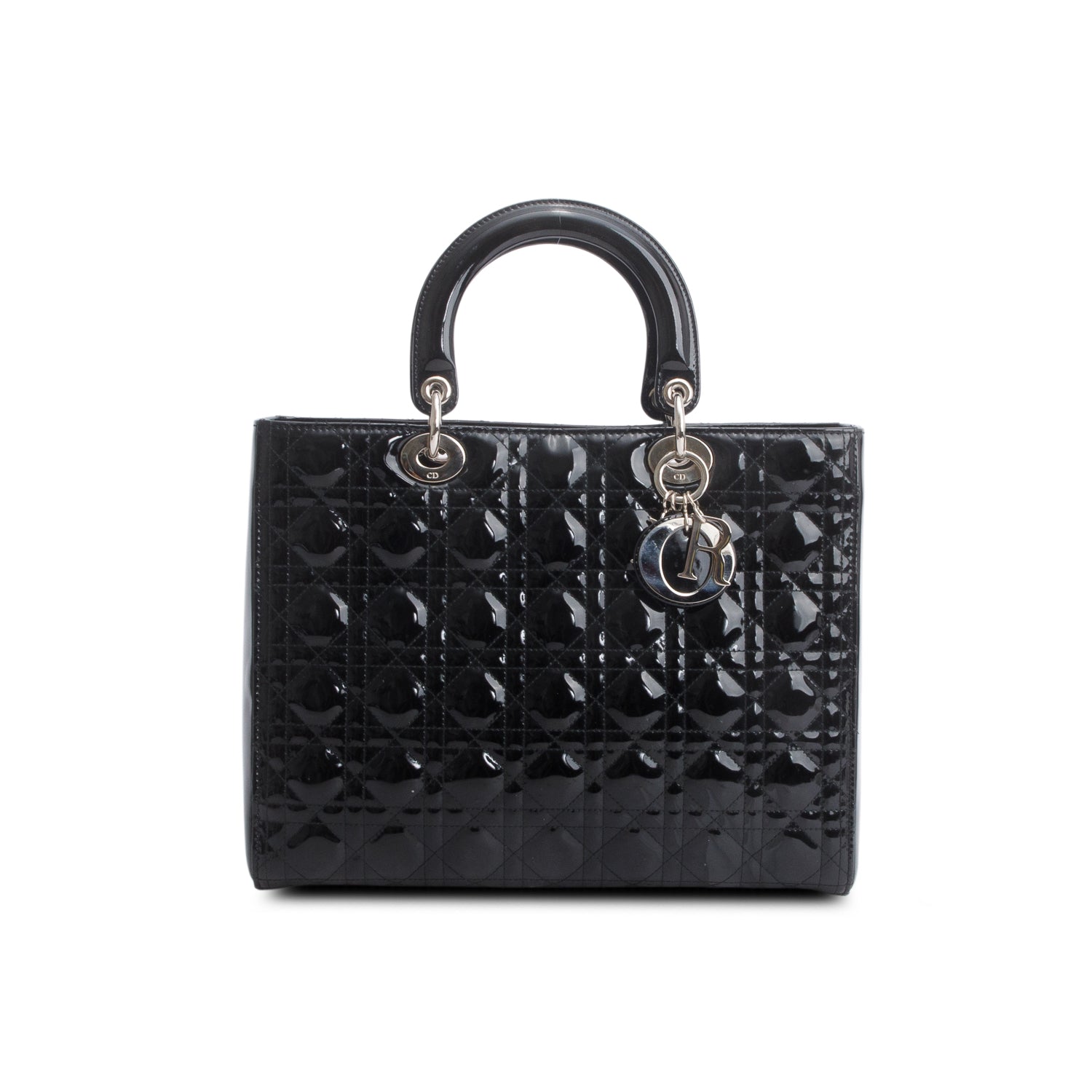 Christian Dior Black Cannage Patent Leather Large Lady Dior w/ Strap