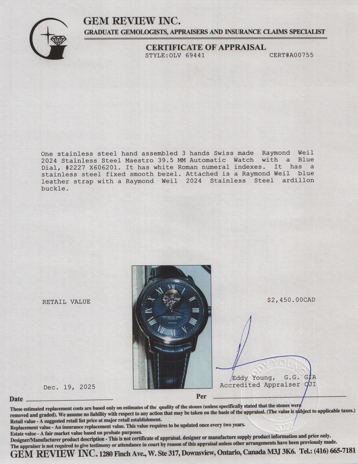 Raymond Weil 2024 Stainless Steel Maestro 39.5 MM Automatic Watch Blue Dial 2227 w/ Box & Papers
