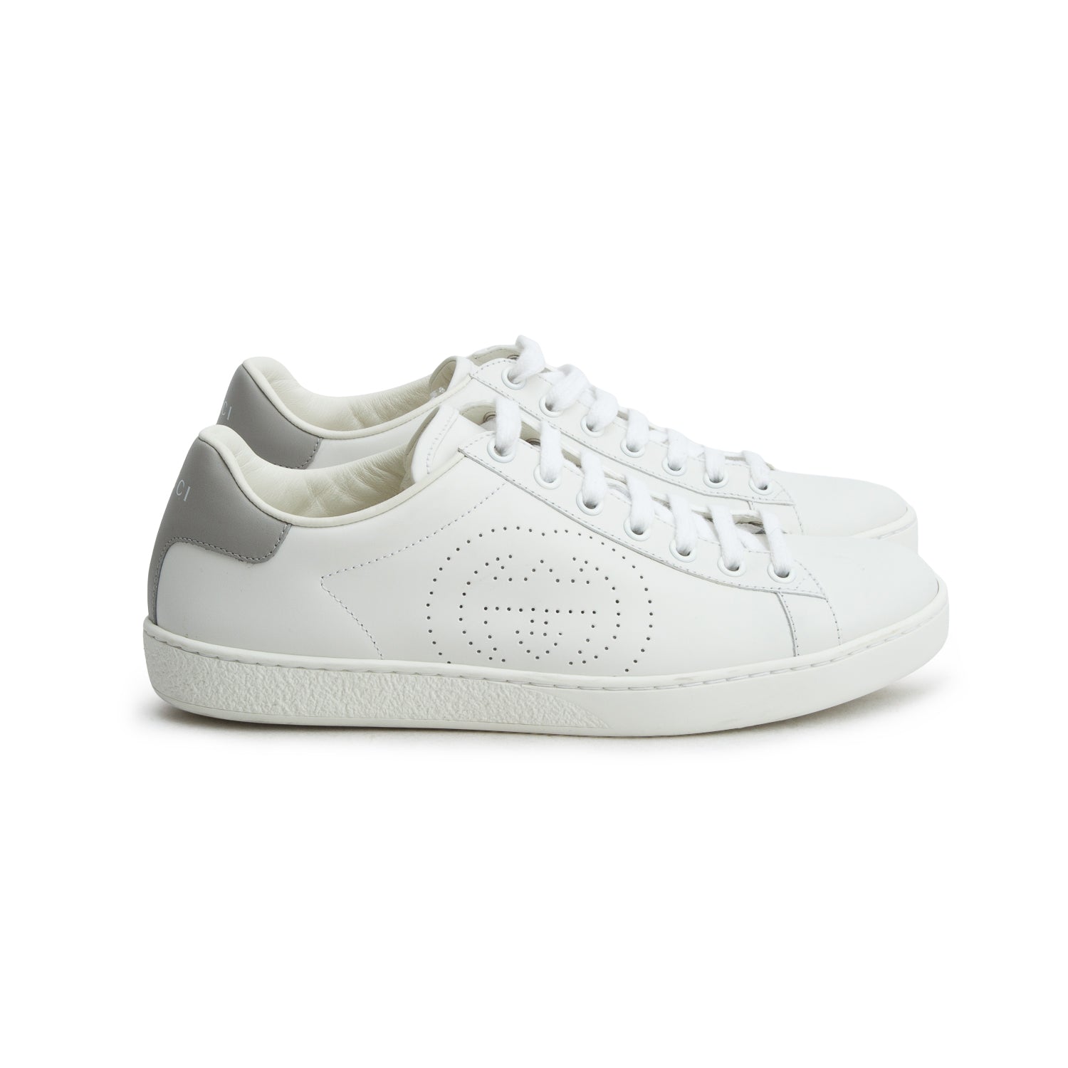 Gucci White Calfskin Interlocking G Perforated Ace Sneakers, Size 38
