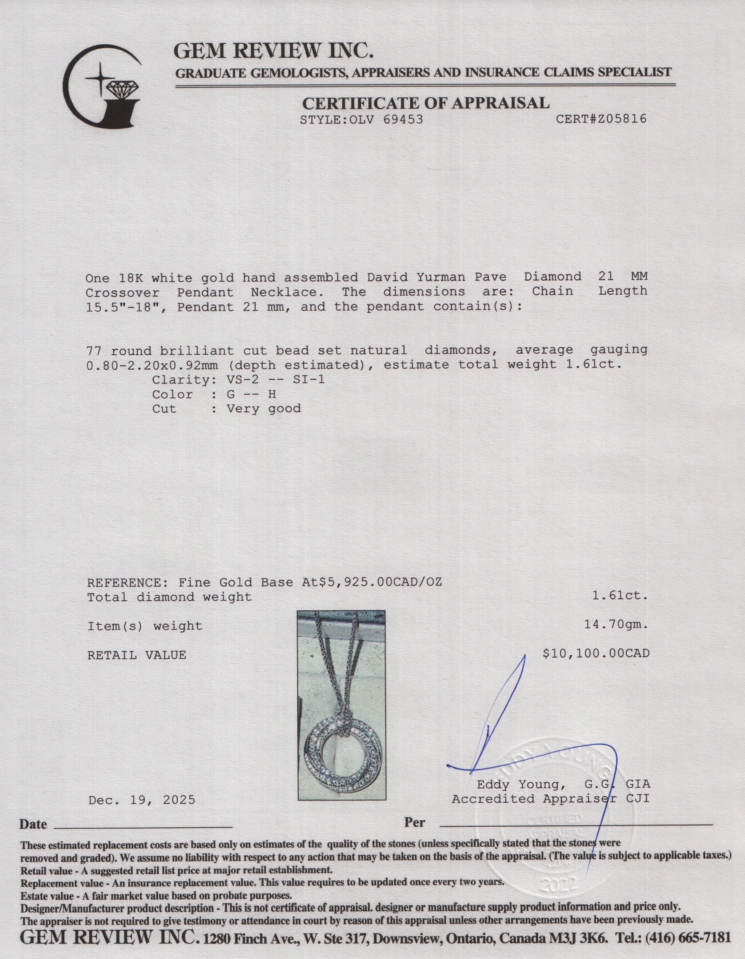 David Yurman 2021 18k White Gold Pave Diamond 21 MM Crossover Pendant Necklace w/ Box & Receipt