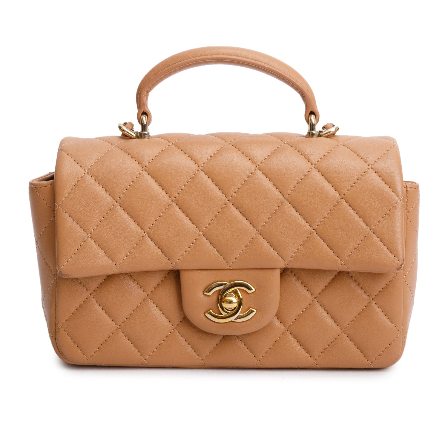 Chanel Brown Lambskin Quilted Mini Top Handle Rectangular Flap