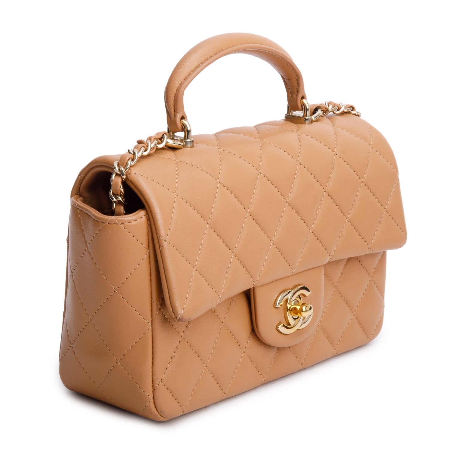 Chanel Brown Lambskin Quilted Mini Top Handle Rectangular Flap