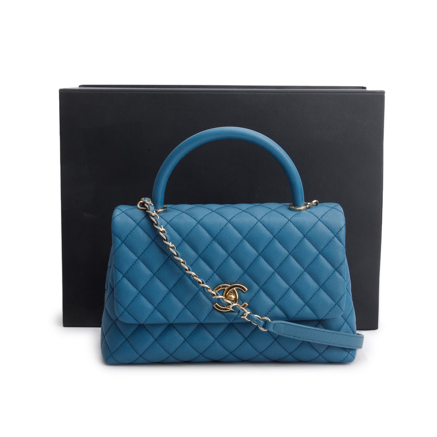 Chanel Blue Quilted Caviar Leather Medium Coco Handle Bag w/ Strap, Box, Receipt & Authenticity Card