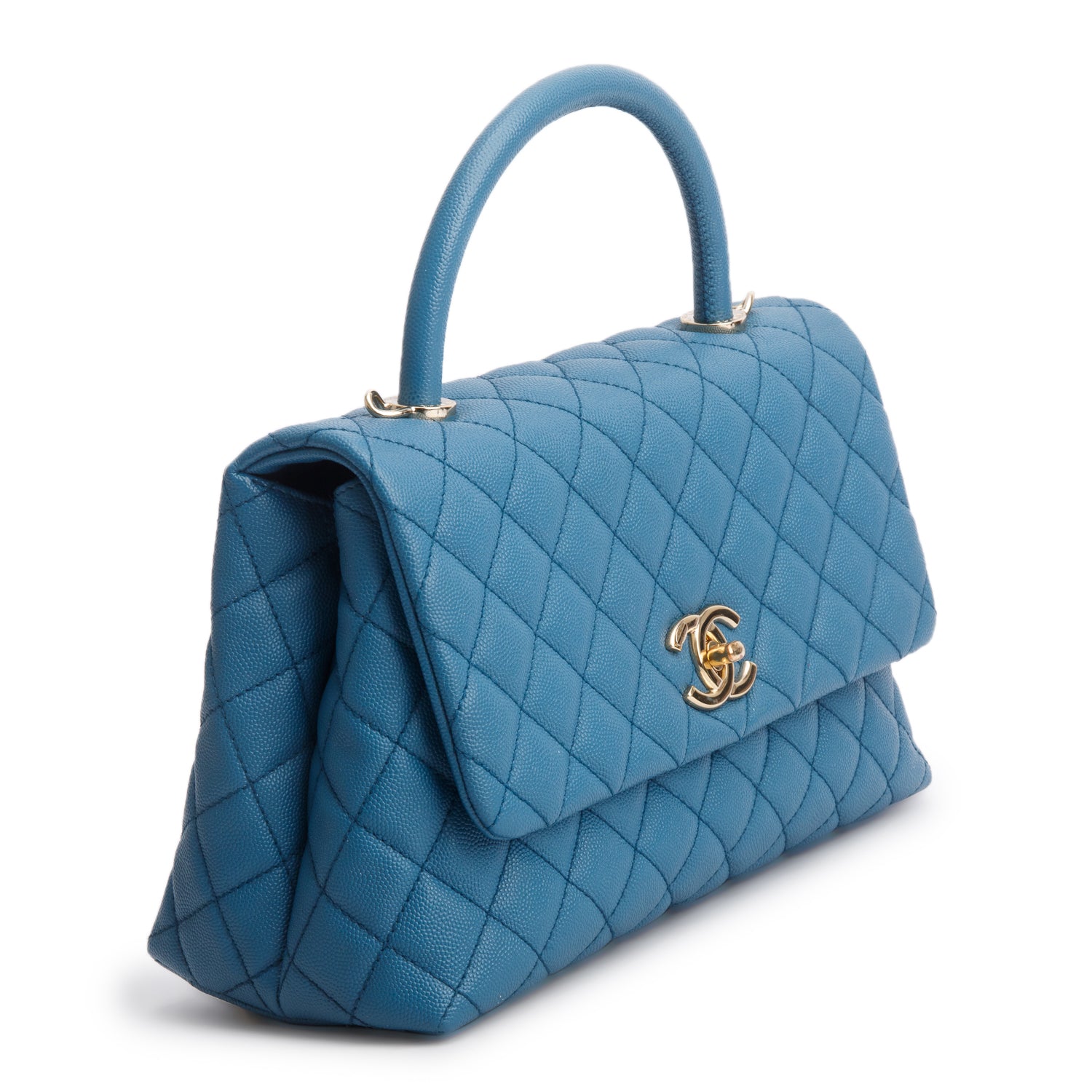 Chanel Blue Quilted Caviar Leather Medium Coco Handle Bag w/ Strap, Box, Receipt & Authenticity Card