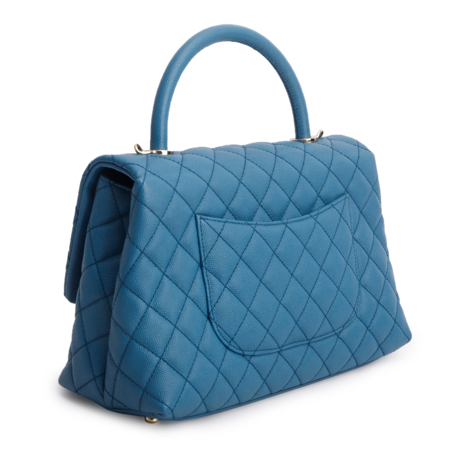 Chanel Blue Quilted Caviar Leather Medium Coco Handle Bag w/ Strap, Box, Receipt & Authenticity Card