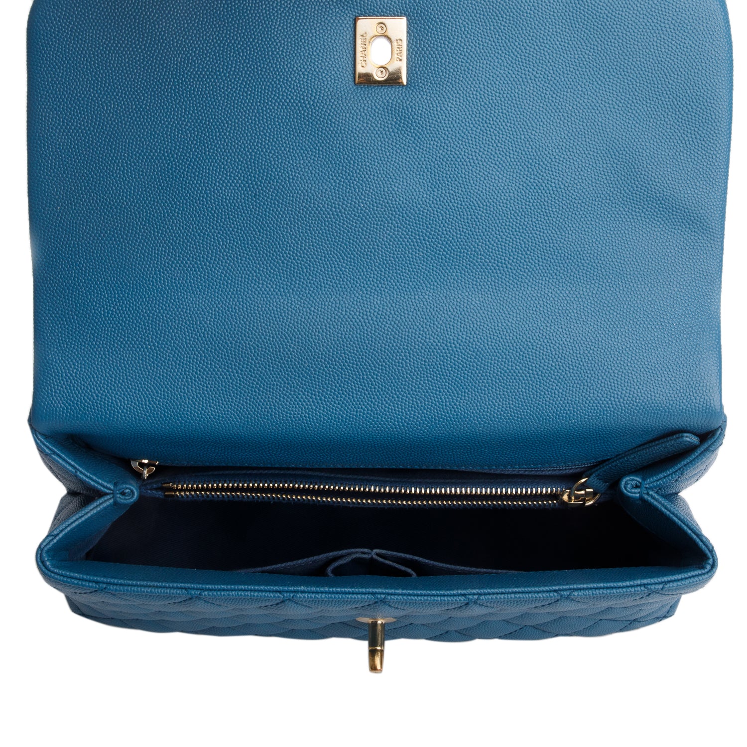 Chanel Blue Quilted Caviar Leather Medium Coco Handle Bag w/ Strap, Box, Receipt & Authenticity Card