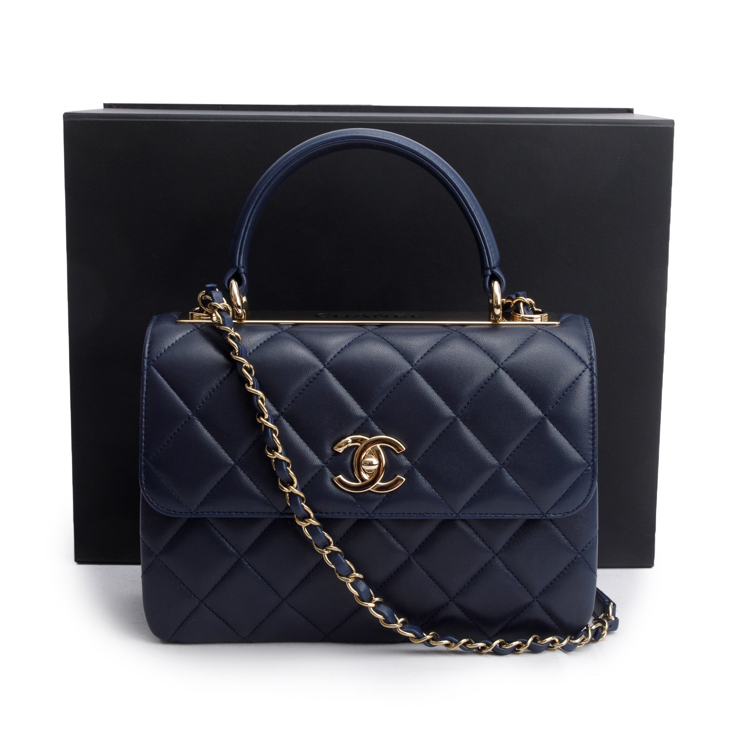 Chanel Navy Lambskin Quilted Small Trendy Top Handle Bag w/ Box