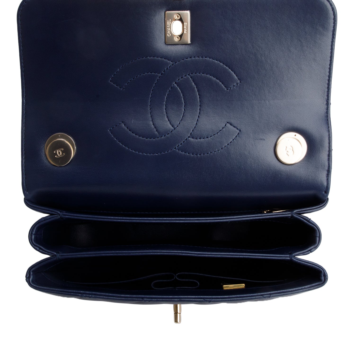 Chanel Navy Lambskin Quilted Small Trendy Top Handle Bag w/ Box