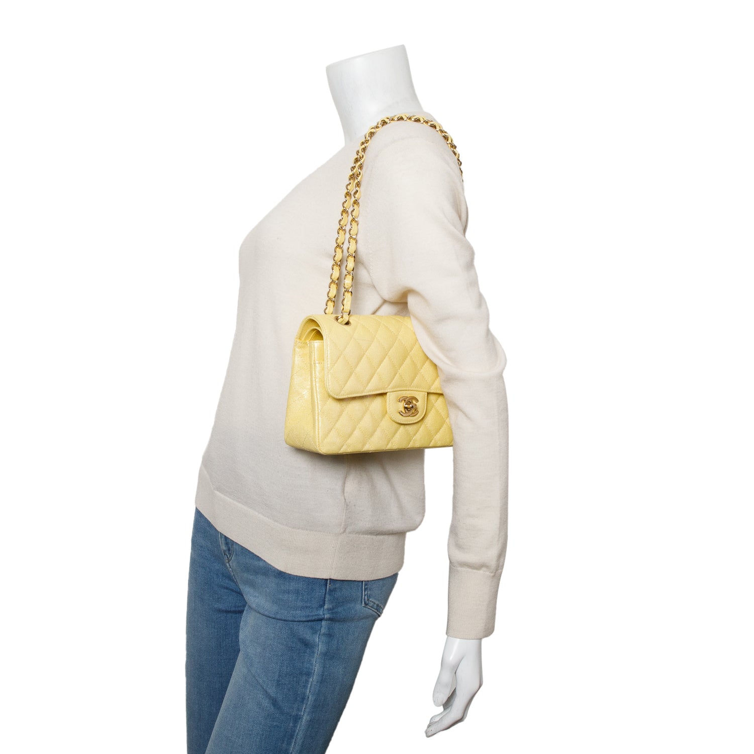 Chanel Yellow Iridescent Caviar Quilted Leather Small Double Flap Bag w/ Box