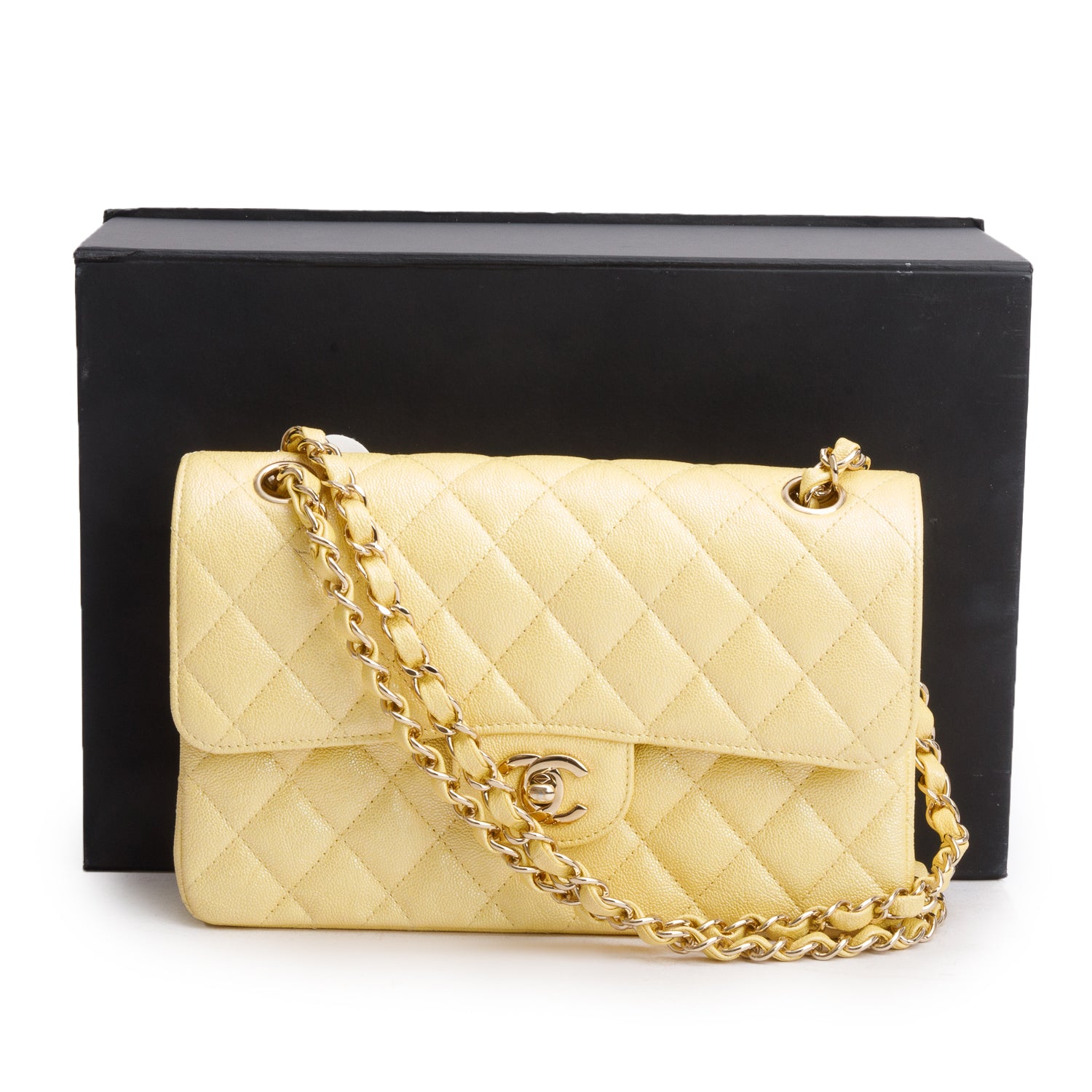 Chanel Yellow Iridescent Caviar Quilted Leather Small Double Flap Bag w/ Box